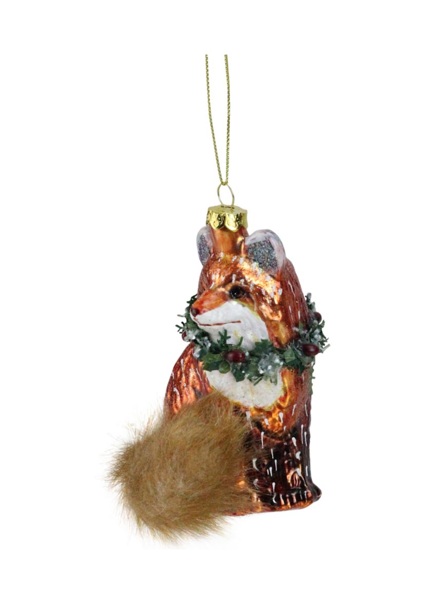 4.5Inch Brown and Green Fox with Faux Fur Tail and Wreath Christmas Ornament