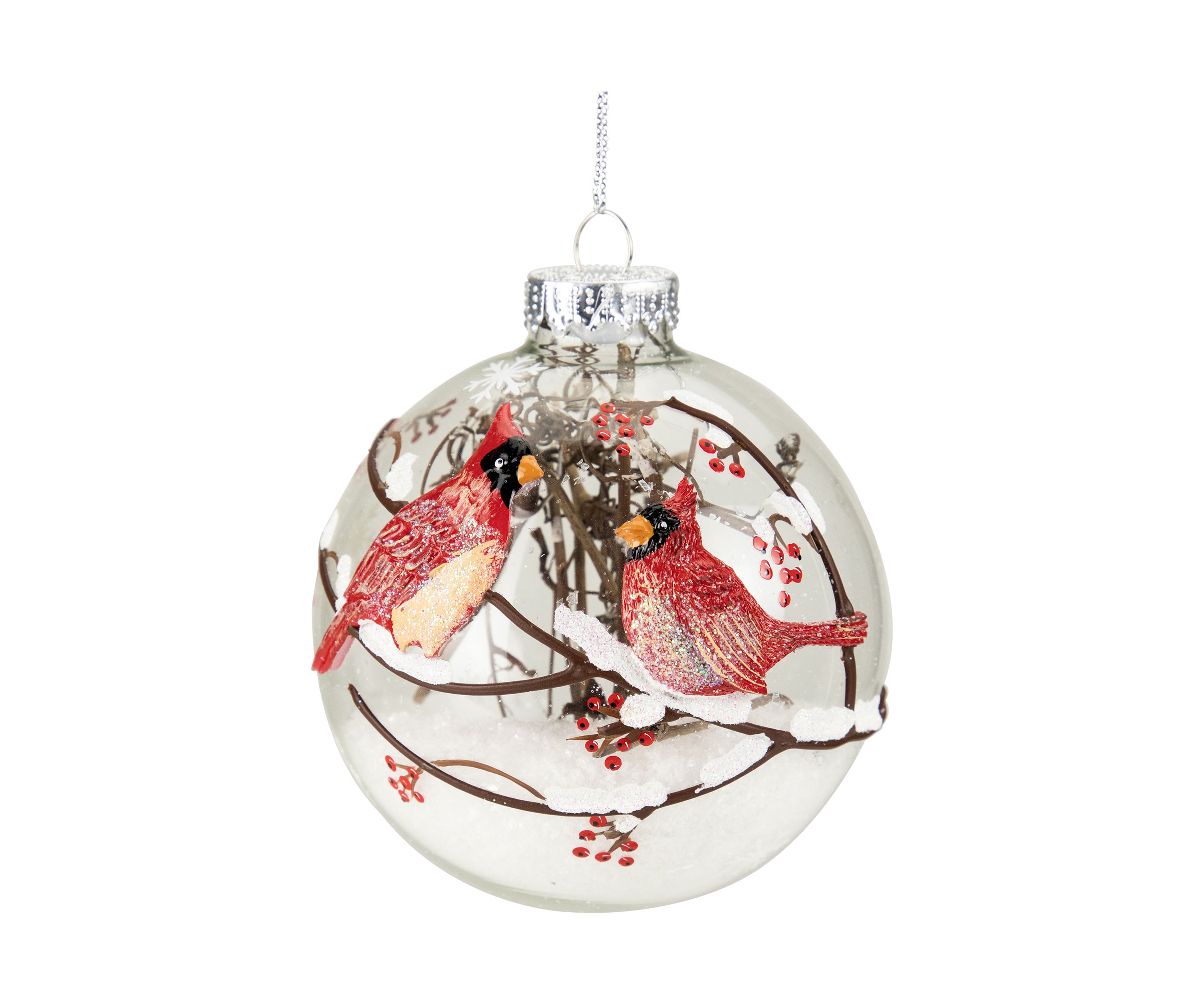 4Inch Branch and Snow Filled Red Cardinals Glass Ball Christmas Ornament
