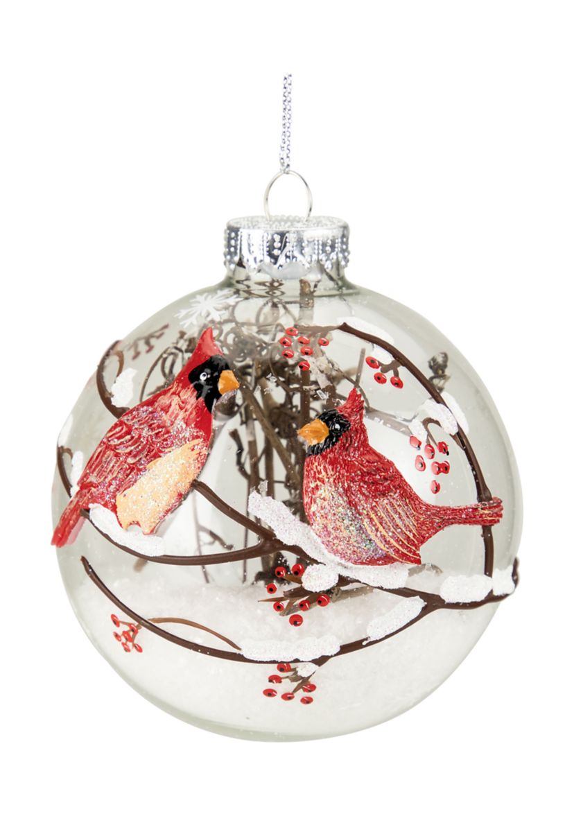 4Inch Branch and Snow Filled Red Cardinals Glass Ball Christmas Ornament