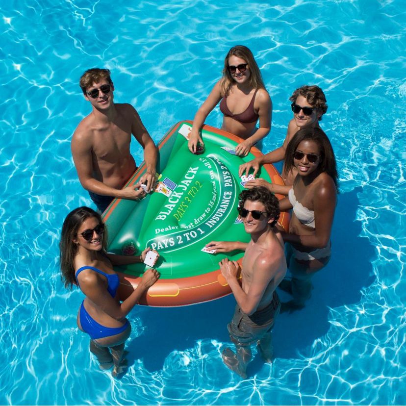 60" Green and Brown Inflatable Blackjack Table Game with Water Proof Cards