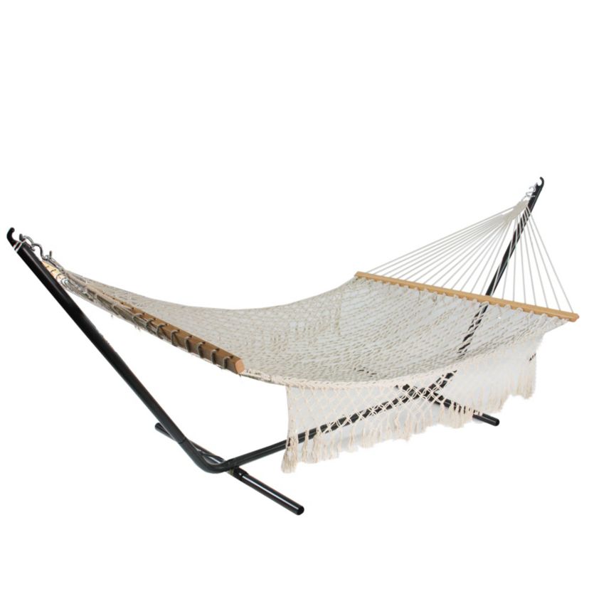 74" White Lattice Macrame Rope Hammock with Wooden Bars
