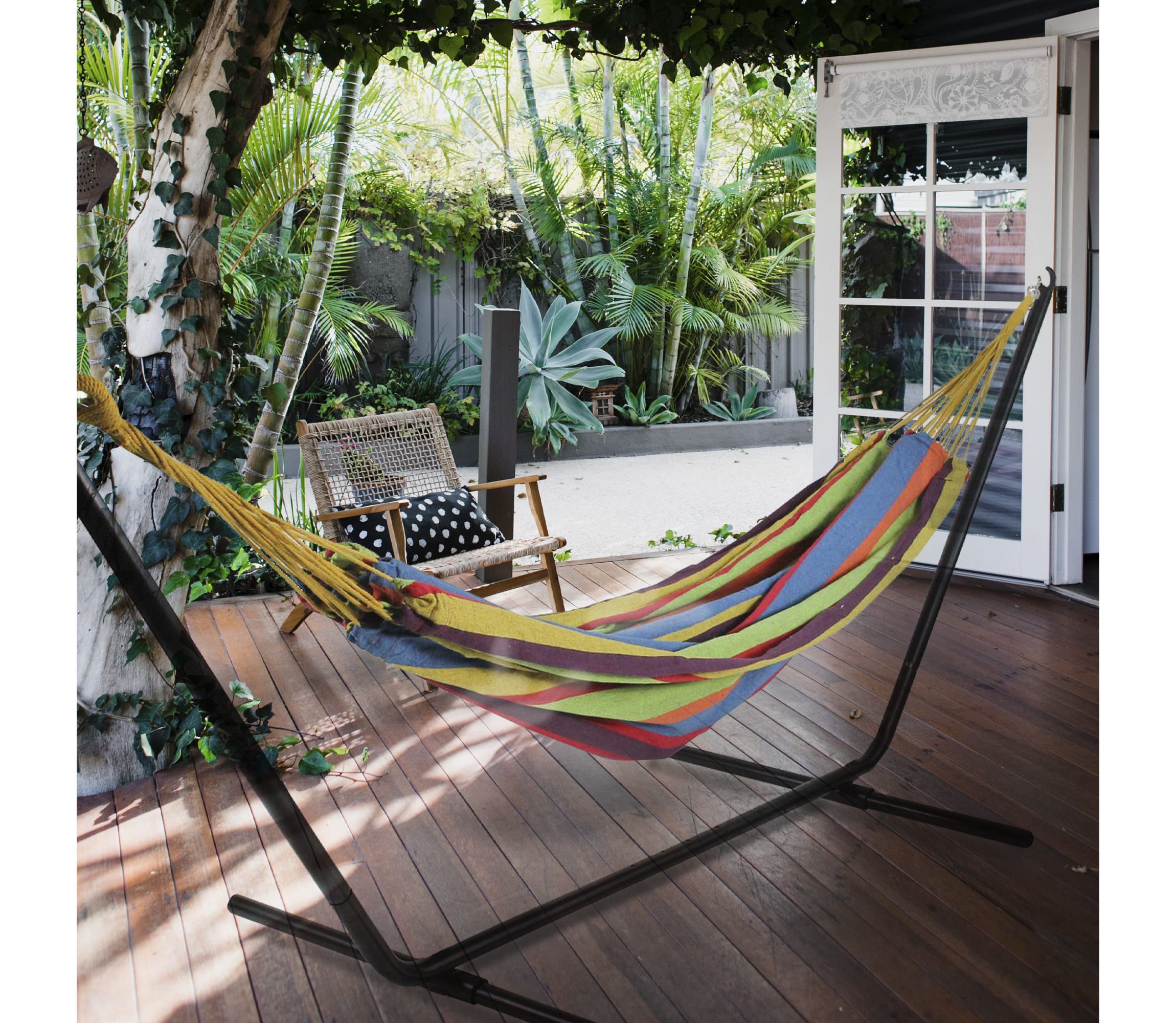 72" Yellow and Blue Striped Woven Double Brazilian Hammock