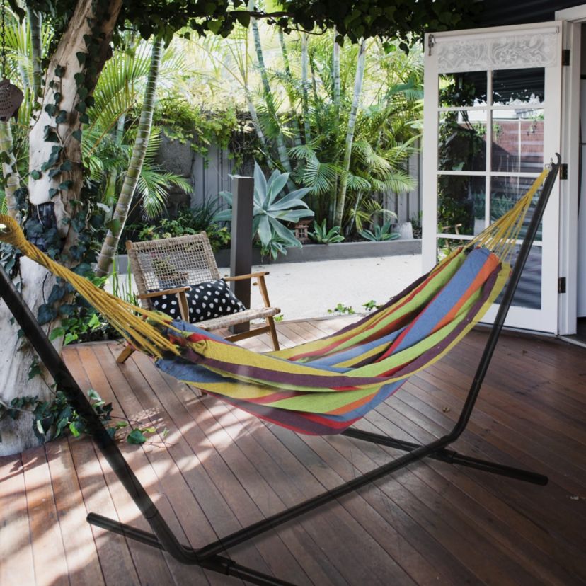 72" Yellow and Blue Striped Woven Double Brazilian Hammock