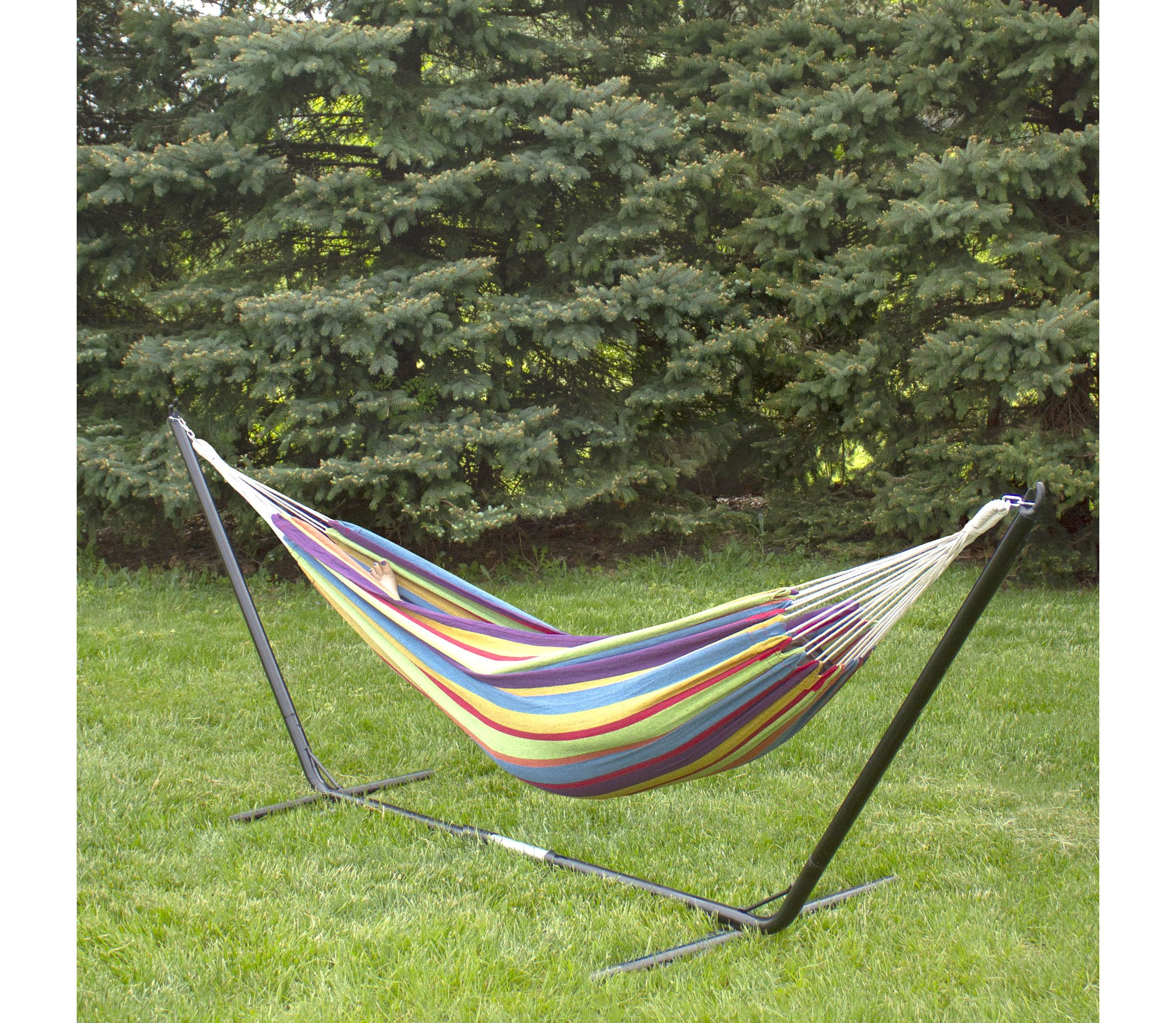 72" Yellow and Blue Striped Woven Double Brazilian Hammock