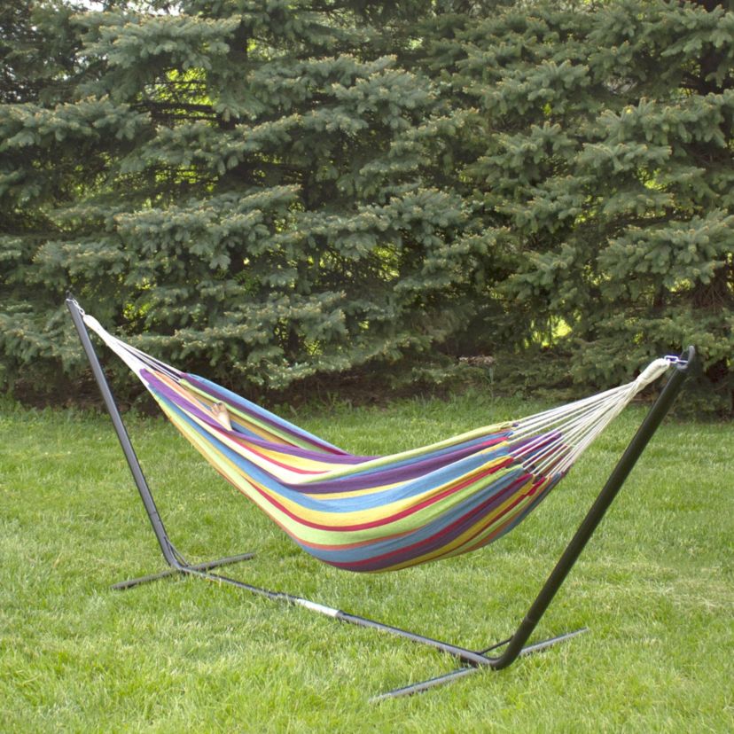 72" Yellow and Blue Striped Woven Double Brazilian Hammock