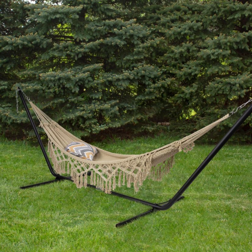 78" x 31" Brown Macrame Hammock with Patterned Tassels
