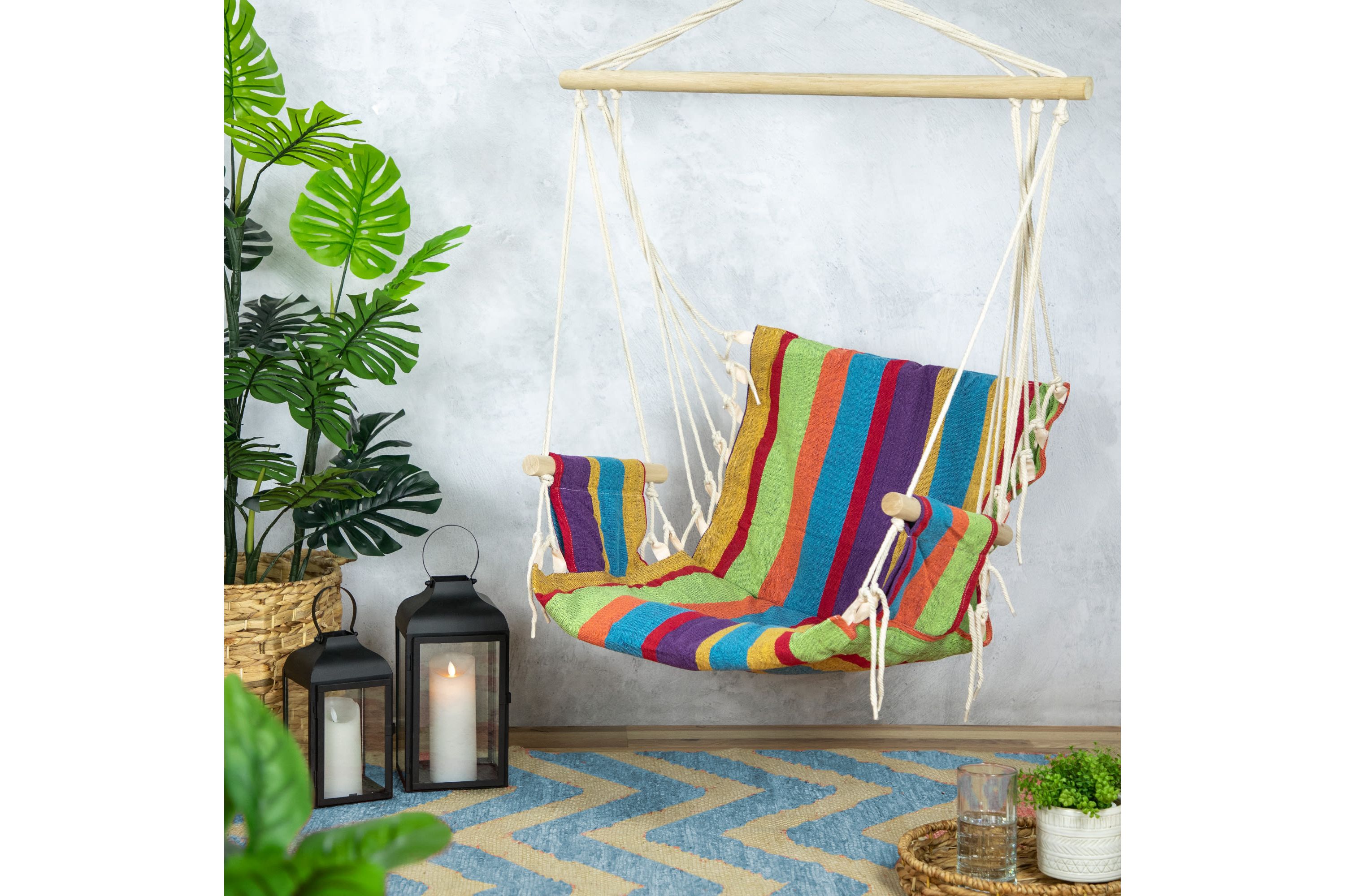 37" Multi-Color Stripe Outdoor Patio Hammock Chair with Armrests