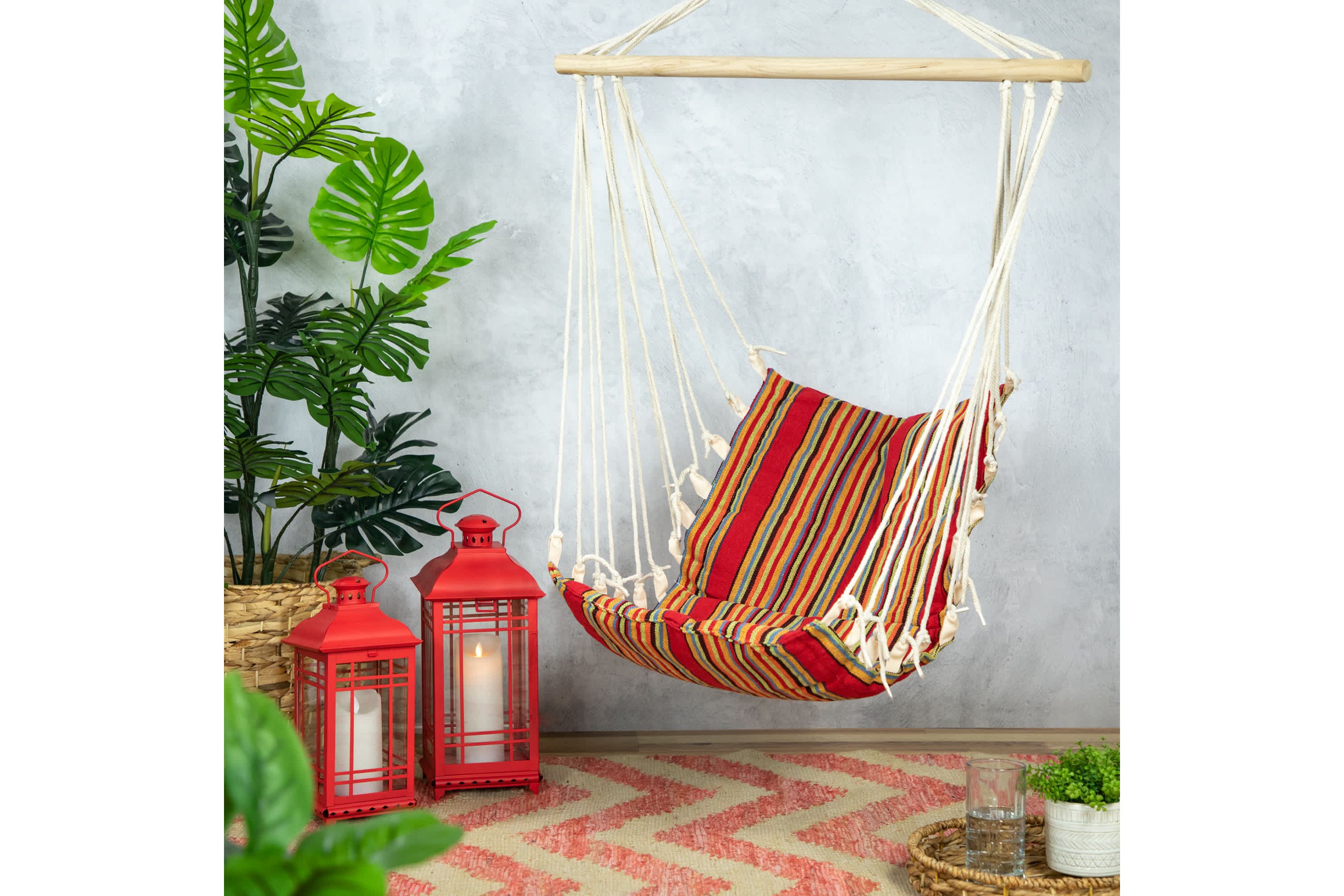 Striped Hammock Chair with Padding and Wooden Bar -34" x 21" - Red and Yellow