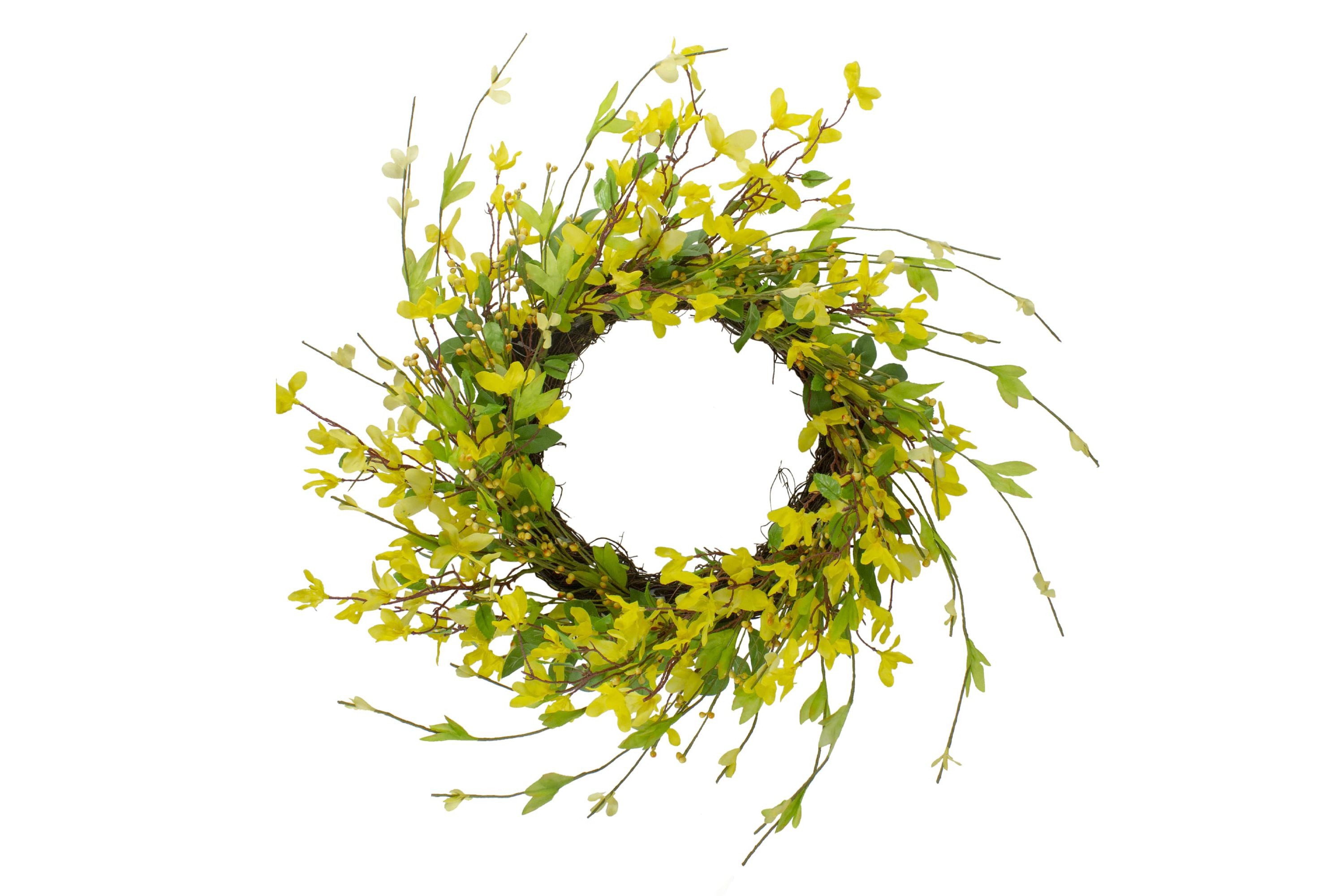Forsythia and Leaves Artificial Spring Floral Wreath  Yellow - 20-Inch