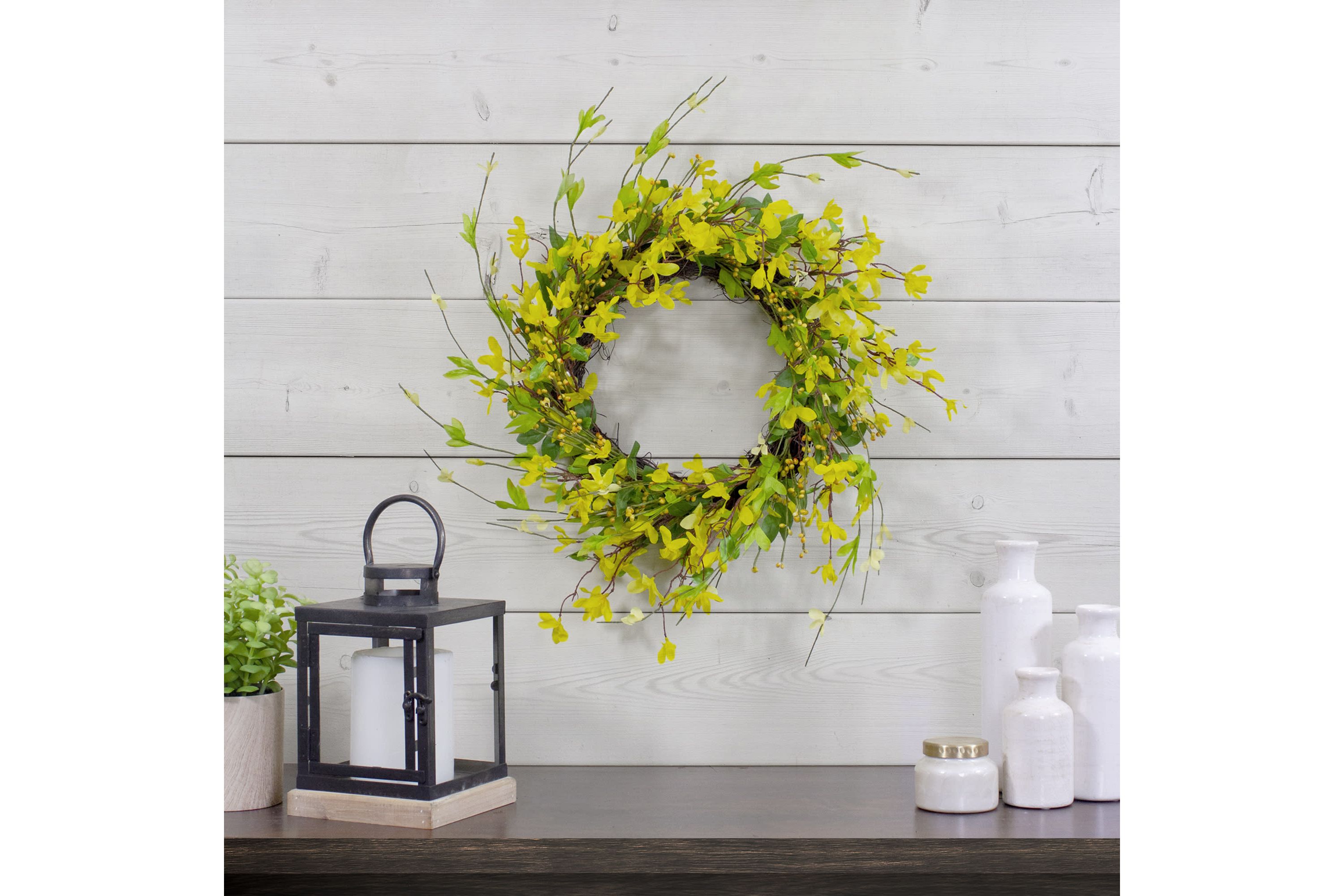 Forsythia and Leaves Artificial Spring Floral Wreath  Yellow - 20-Inch