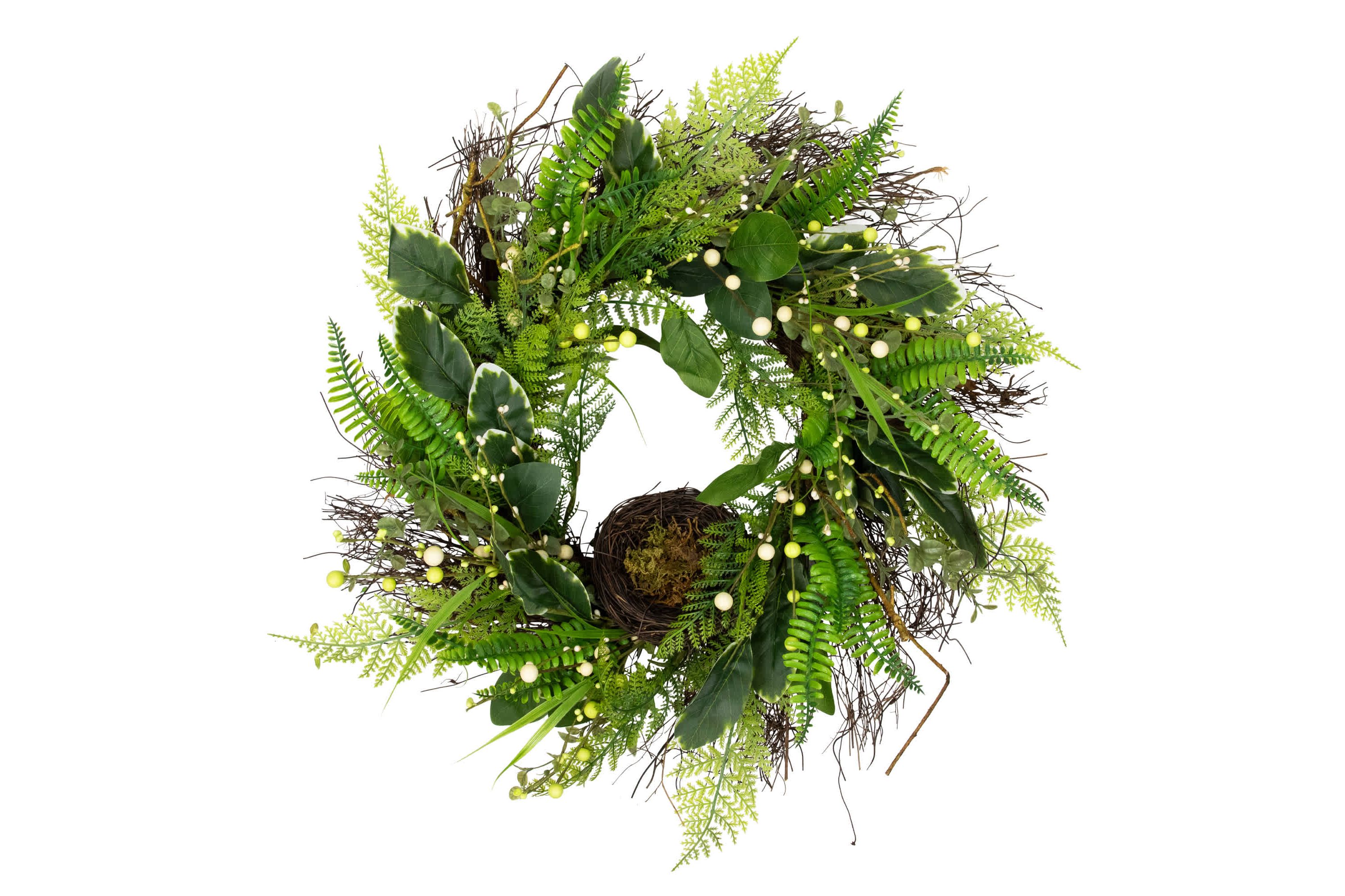 Green and Brown Foliage Artificial Spring Wreath with Nest - 24" - Unlit