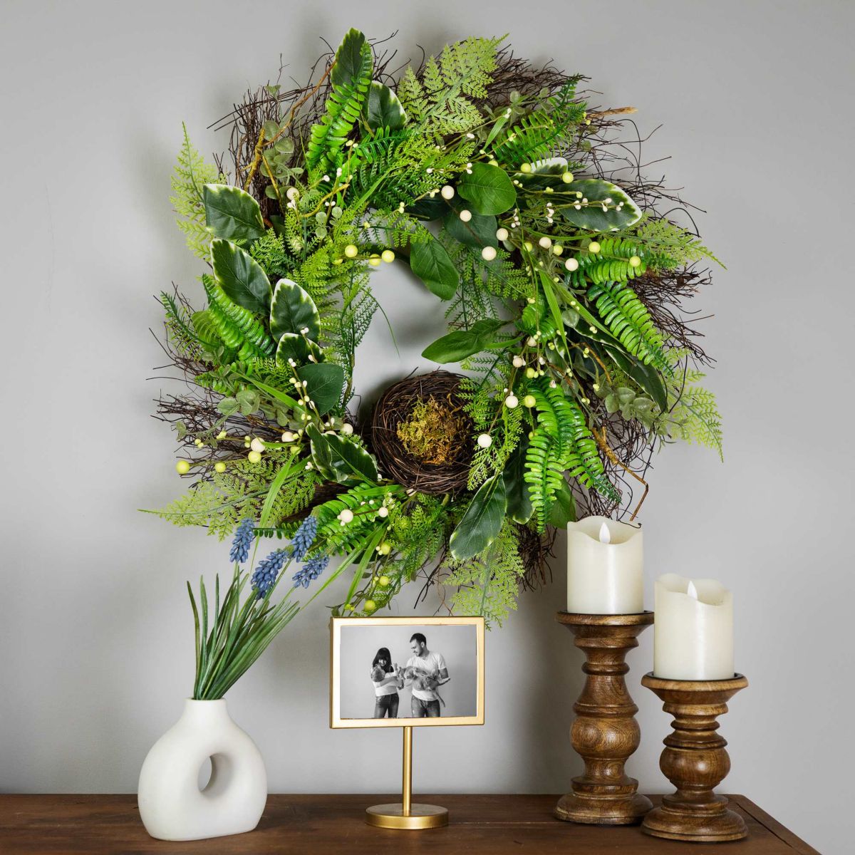 Green and Brown Foliage Artificial Spring Wreath with Nest - 24" - Unlit