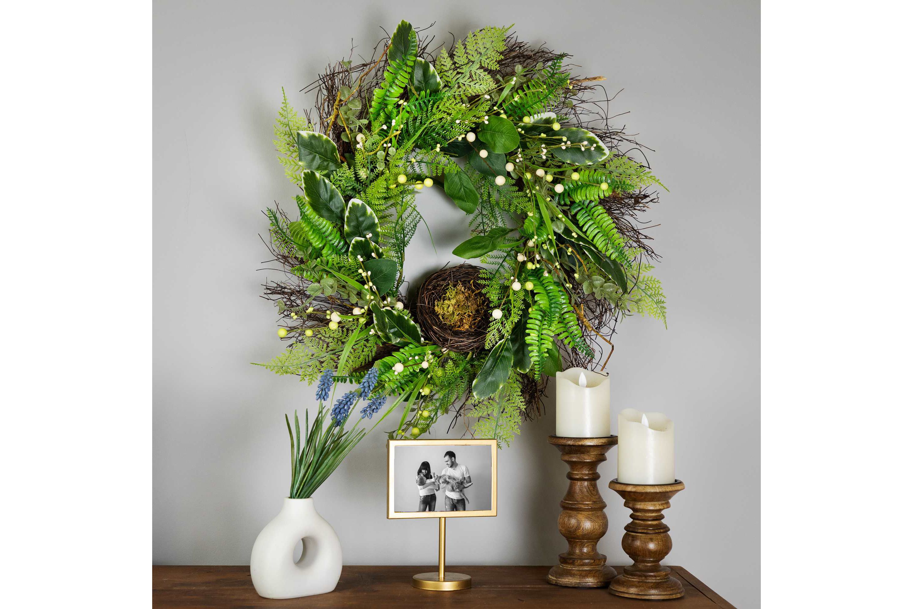 Green and Brown Foliage Artificial Spring Wreath with Nest - 24" - Unlit