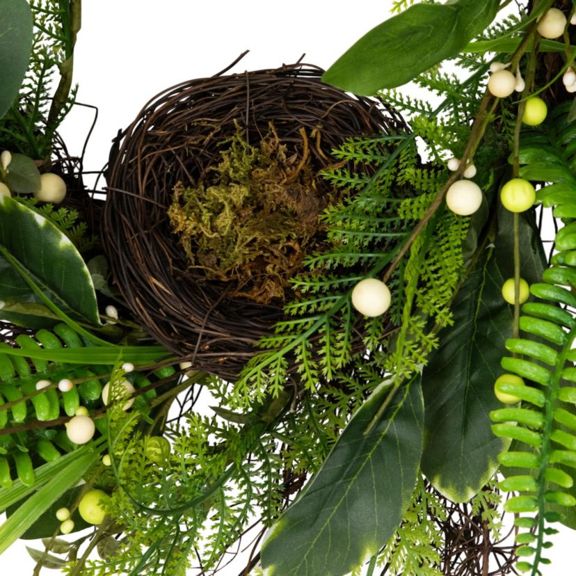 Green and Brown Foliage Artificial Spring Wreath with Nest - 24" - Unlit