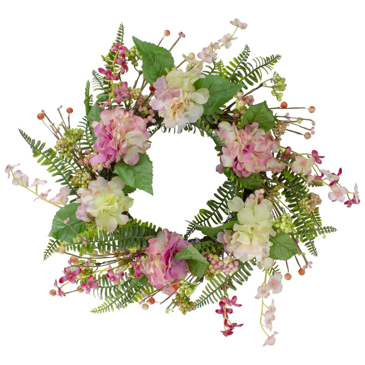 Hydrangea Berry and Fern Artificial Spring Floral Wreath Pink - 20-Inch