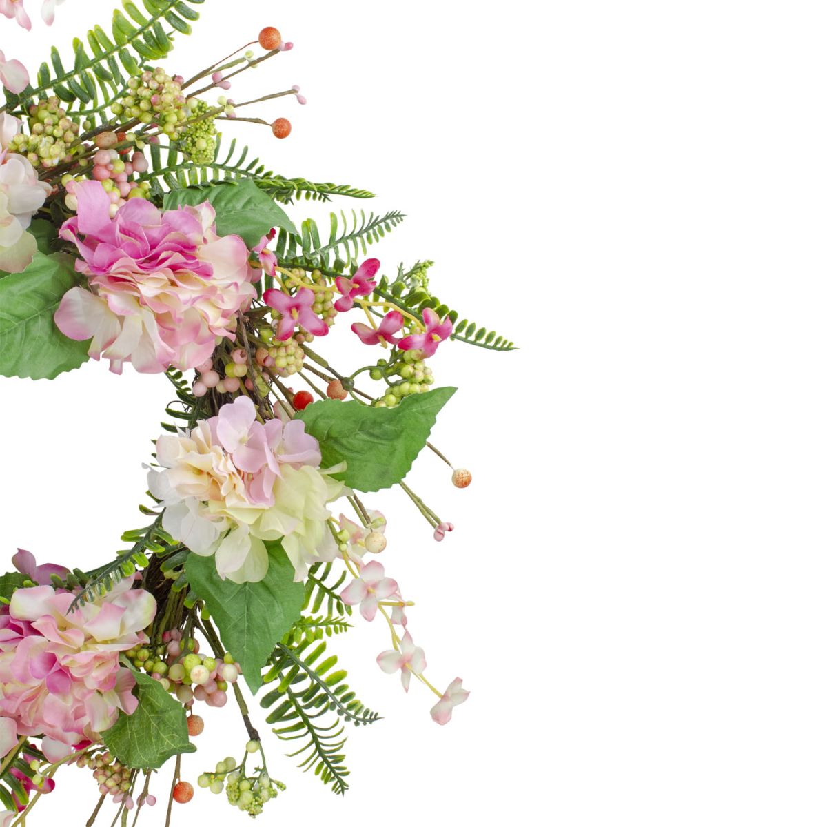 Hydrangea Berry and Fern Artificial Spring Floral Wreath Pink - 20-Inch