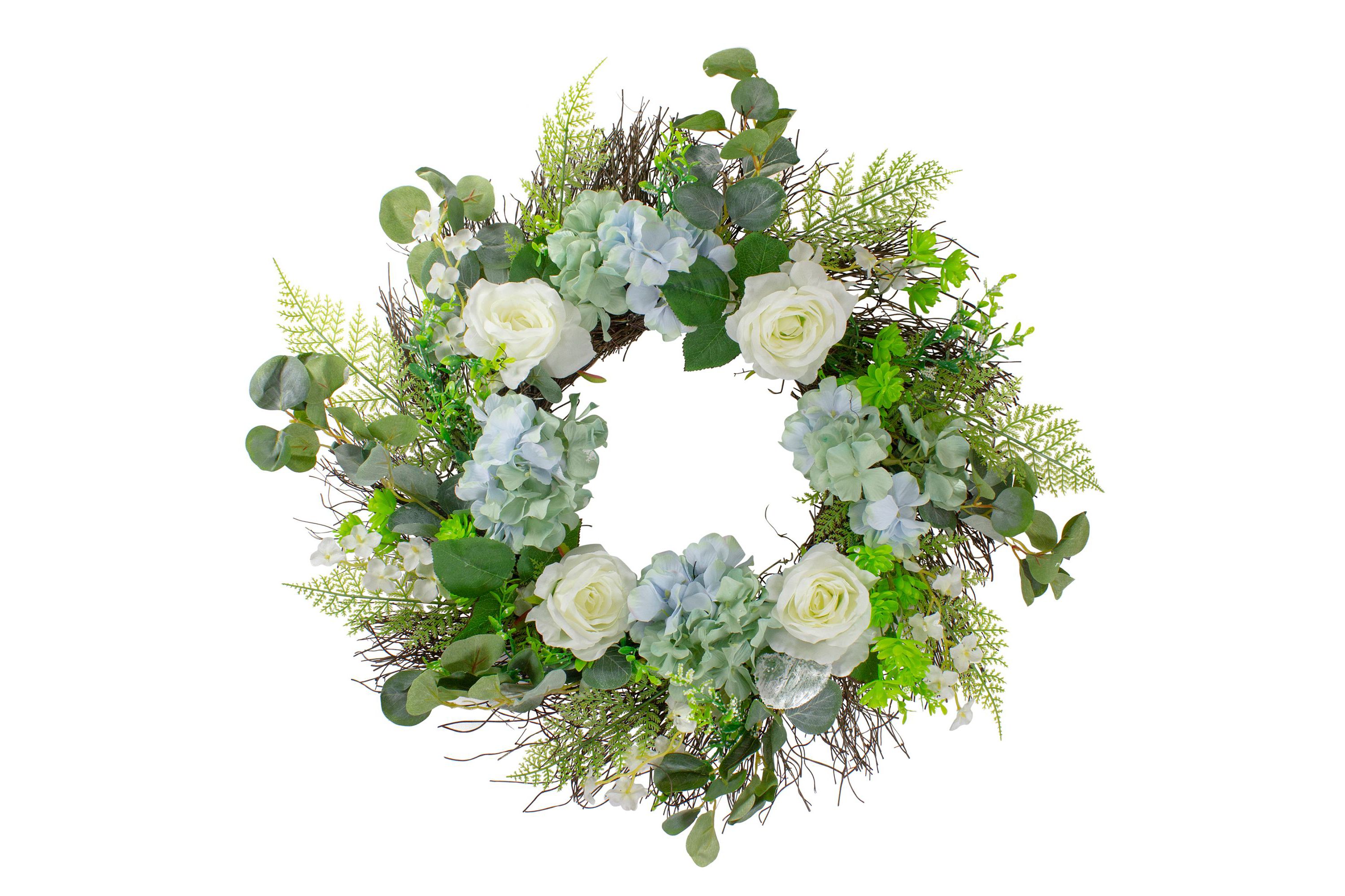 Hydrangea  Rose and Geranium Artificial Floral Spring Wreath  White and Blue - 24-Inch