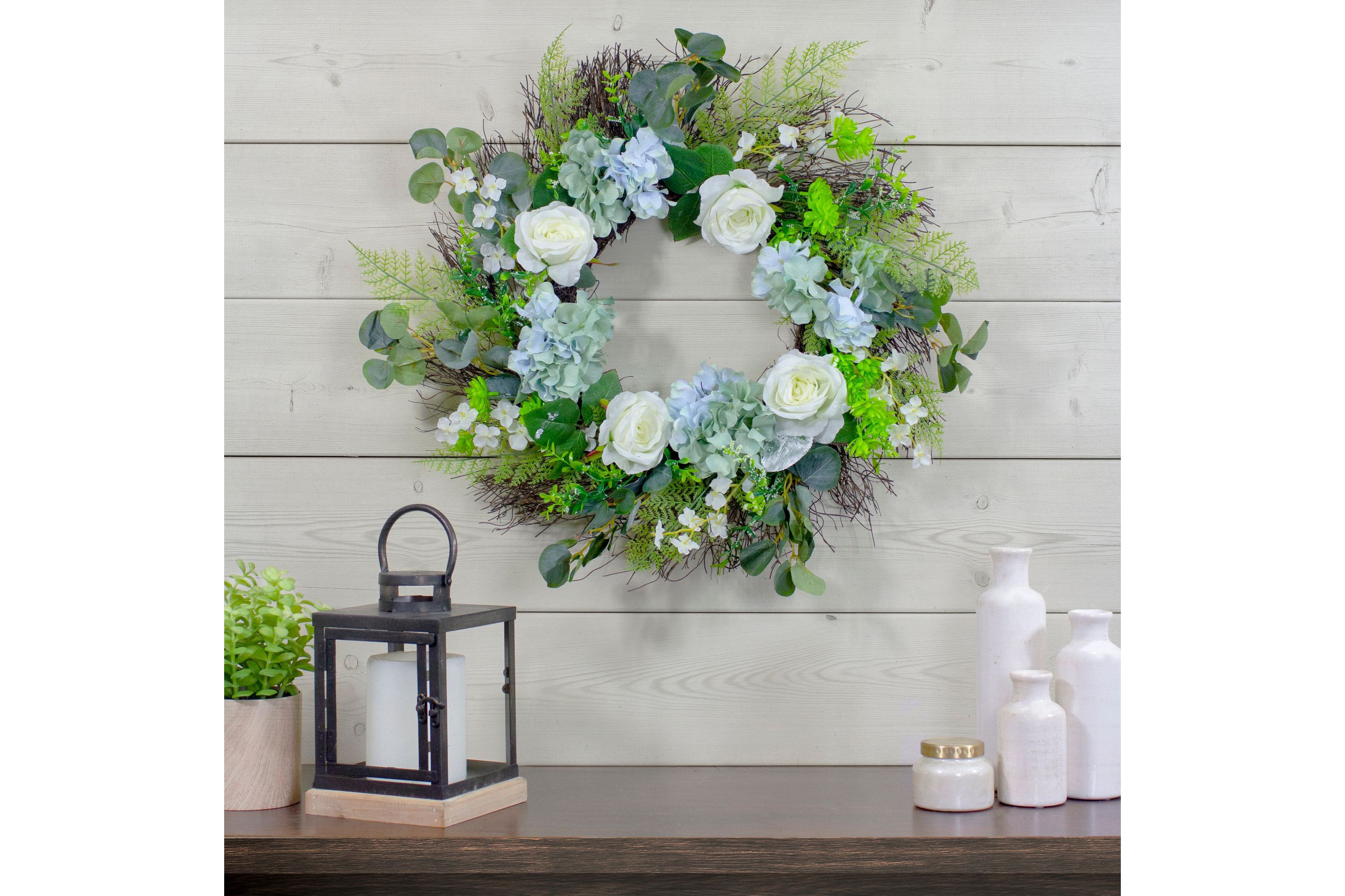 Hydrangea  Rose and Geranium Artificial Floral Spring Wreath  White and Blue - 24-Inch