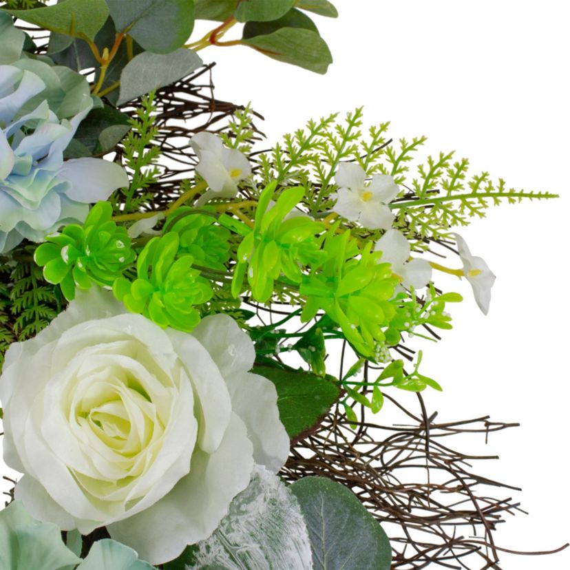 Hydrangea  Rose and Geranium Artificial Floral Spring Wreath  White and Blue - 24-Inch