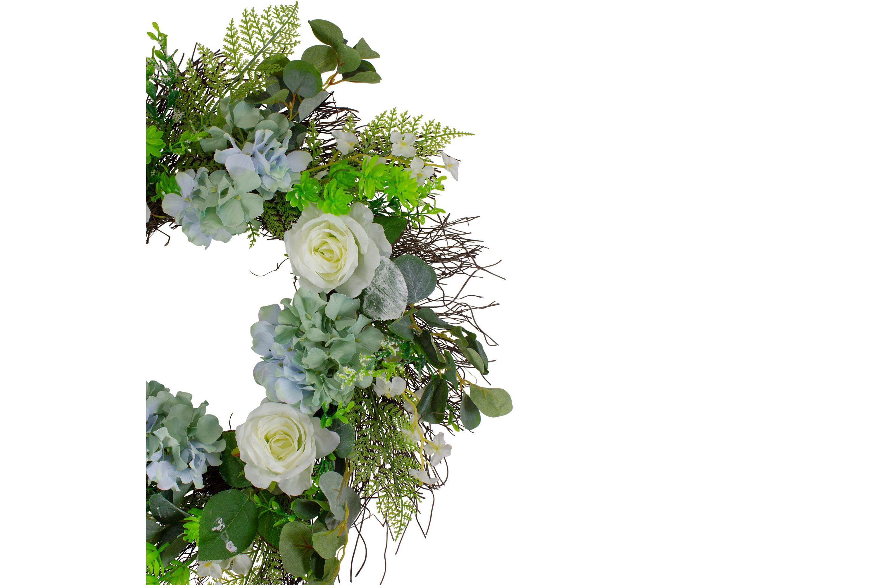 Hydrangea  Rose and Geranium Artificial Floral Spring Wreath  White and Blue - 24-Inch