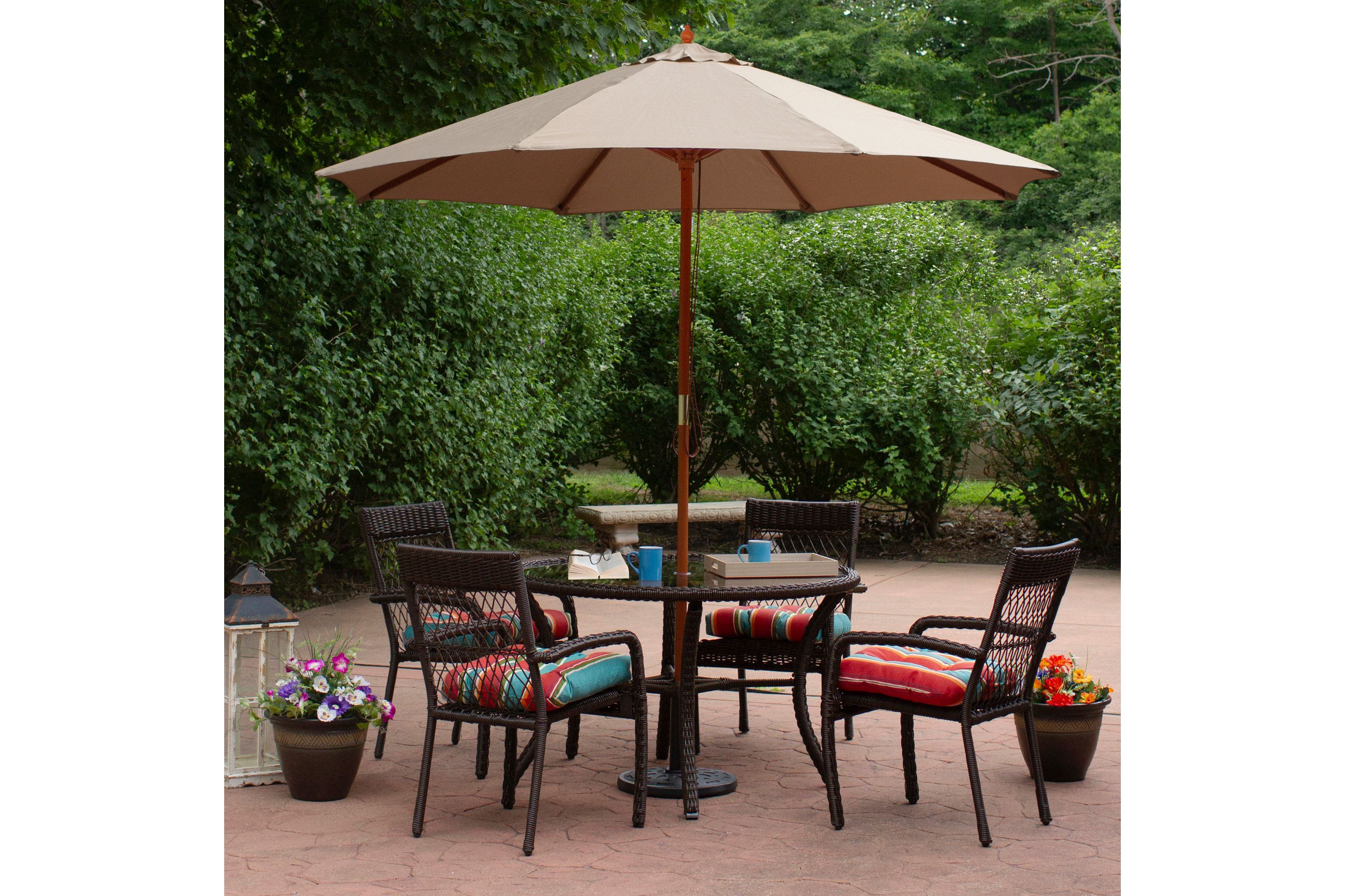 9ft Outdoor Patio Market Umbrella with Wooden Pole  Tan