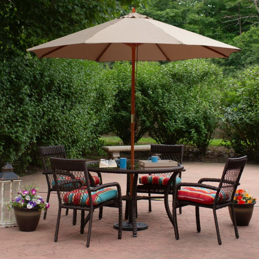 9ft Outdoor Patio Market Umbrella with Wooden Pole  Tan