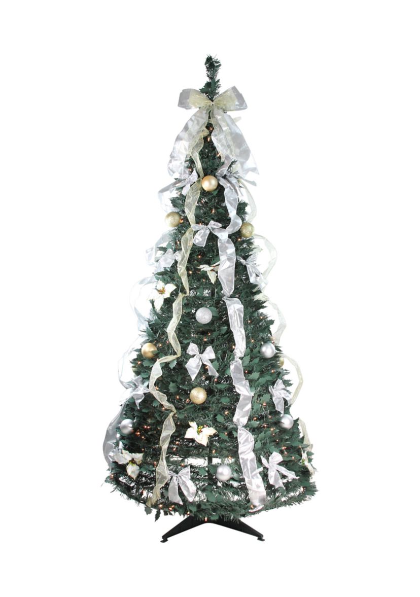 6 Pre-Lit Silver and Gold Pre-Decorated Pop-Up Artificial Christmas Tree