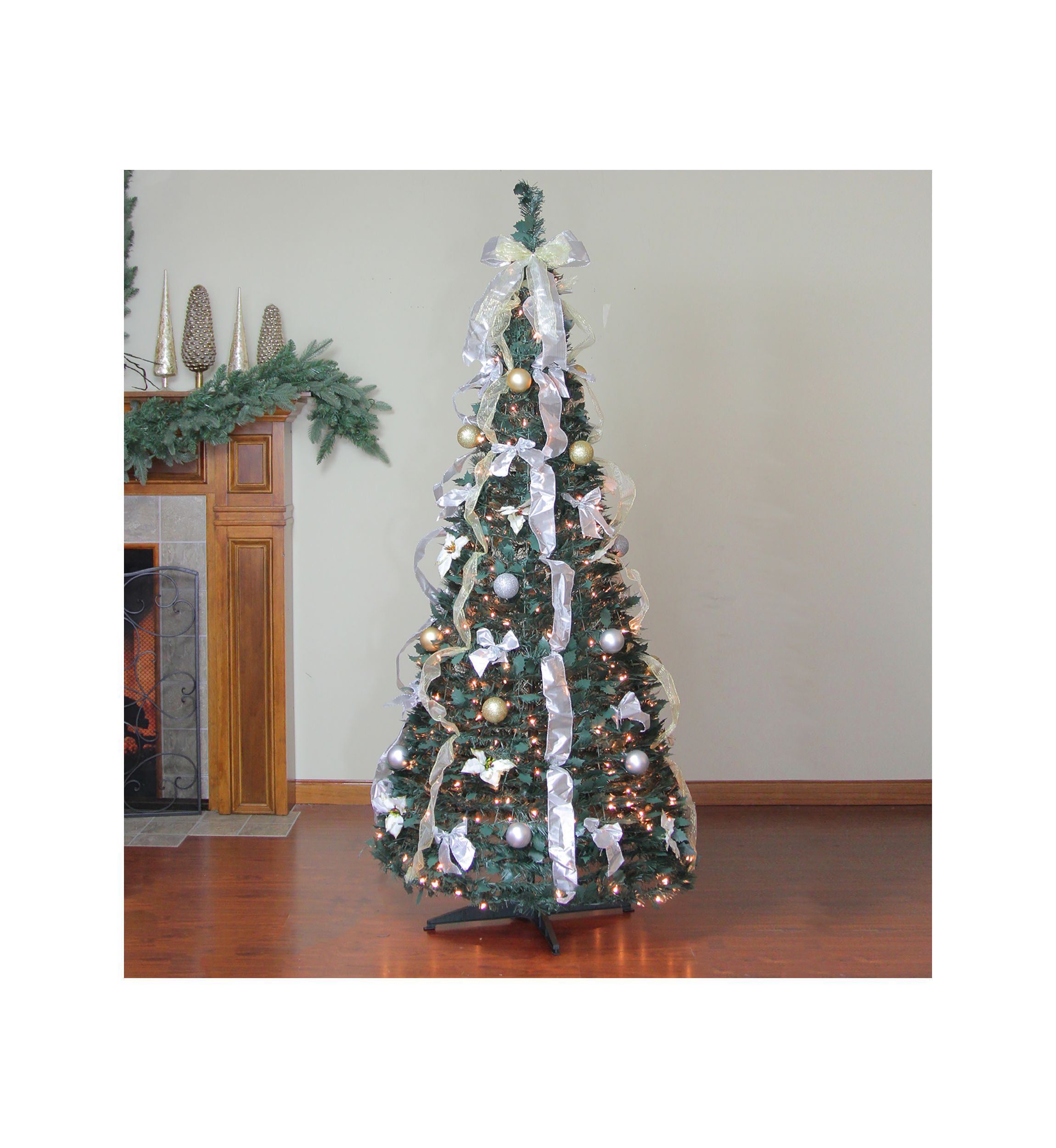 6 Pre-Lit Silver and Gold Pre-Decorated Pop-Up Artificial Christmas Tree