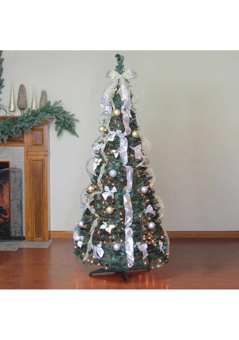 6 Pre-Lit Silver and Gold Pre-Decorated Pop-Up Artificial Christmas Tree
