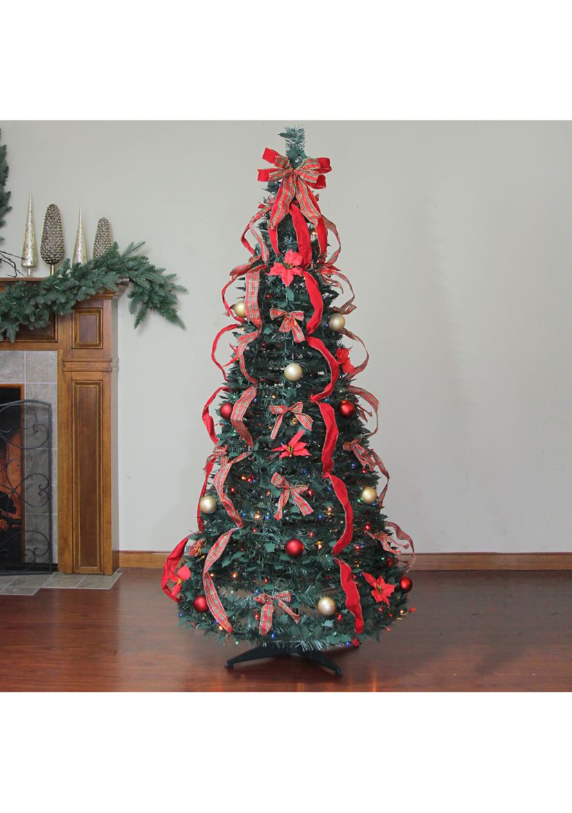 6 Pre-Lit Red and Gold Plaid Pre-Decorated Pop-Up Artificial Christmas Tree