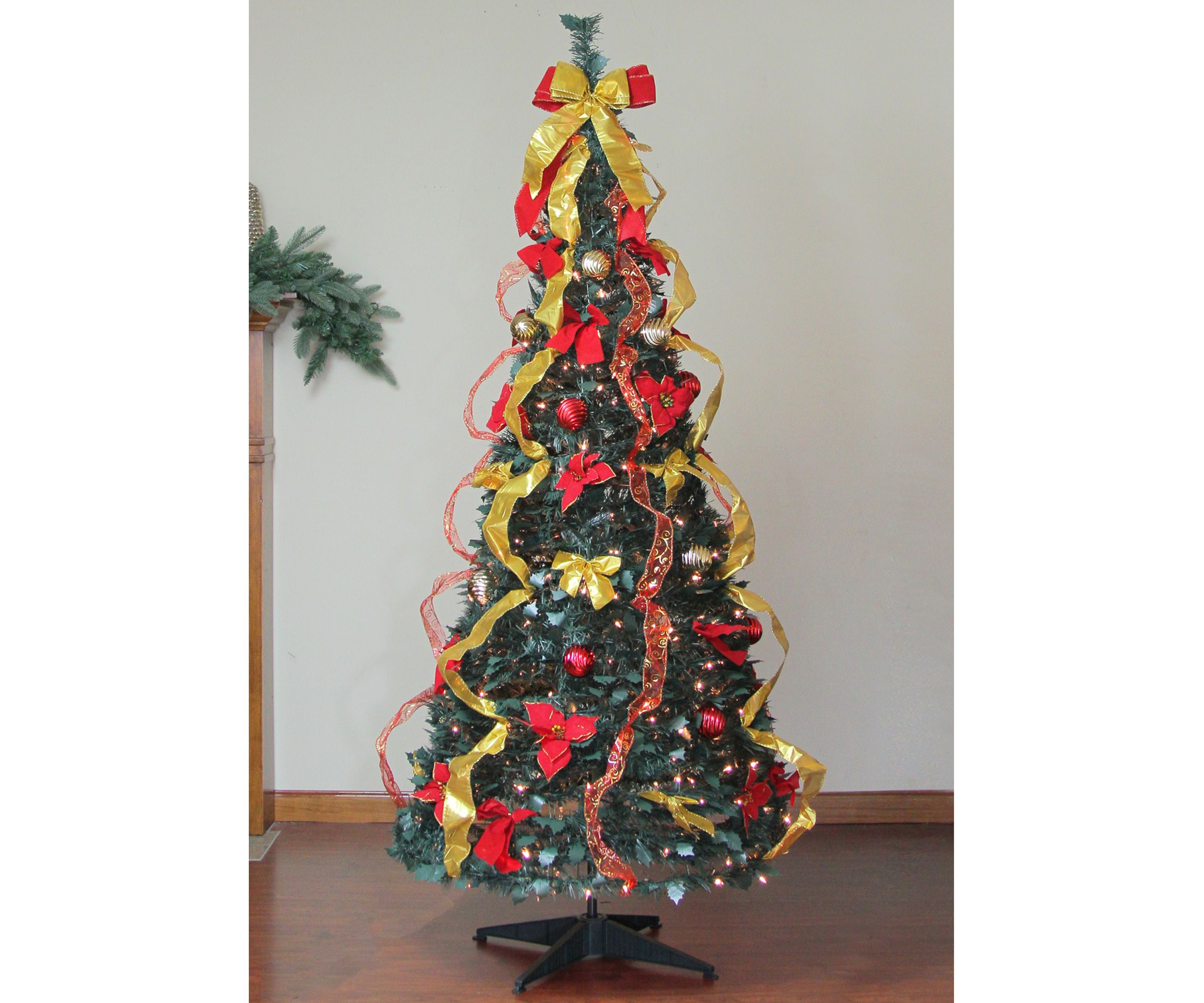 6 Pre-Lit Gold and Red Pre-Decorated Pop-Up Artificial Christmas Tree