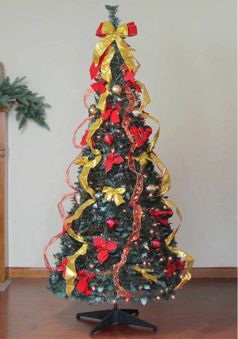 6 Pre-Lit Gold and Red Pre-Decorated Pop-Up Artificial Christmas Tree