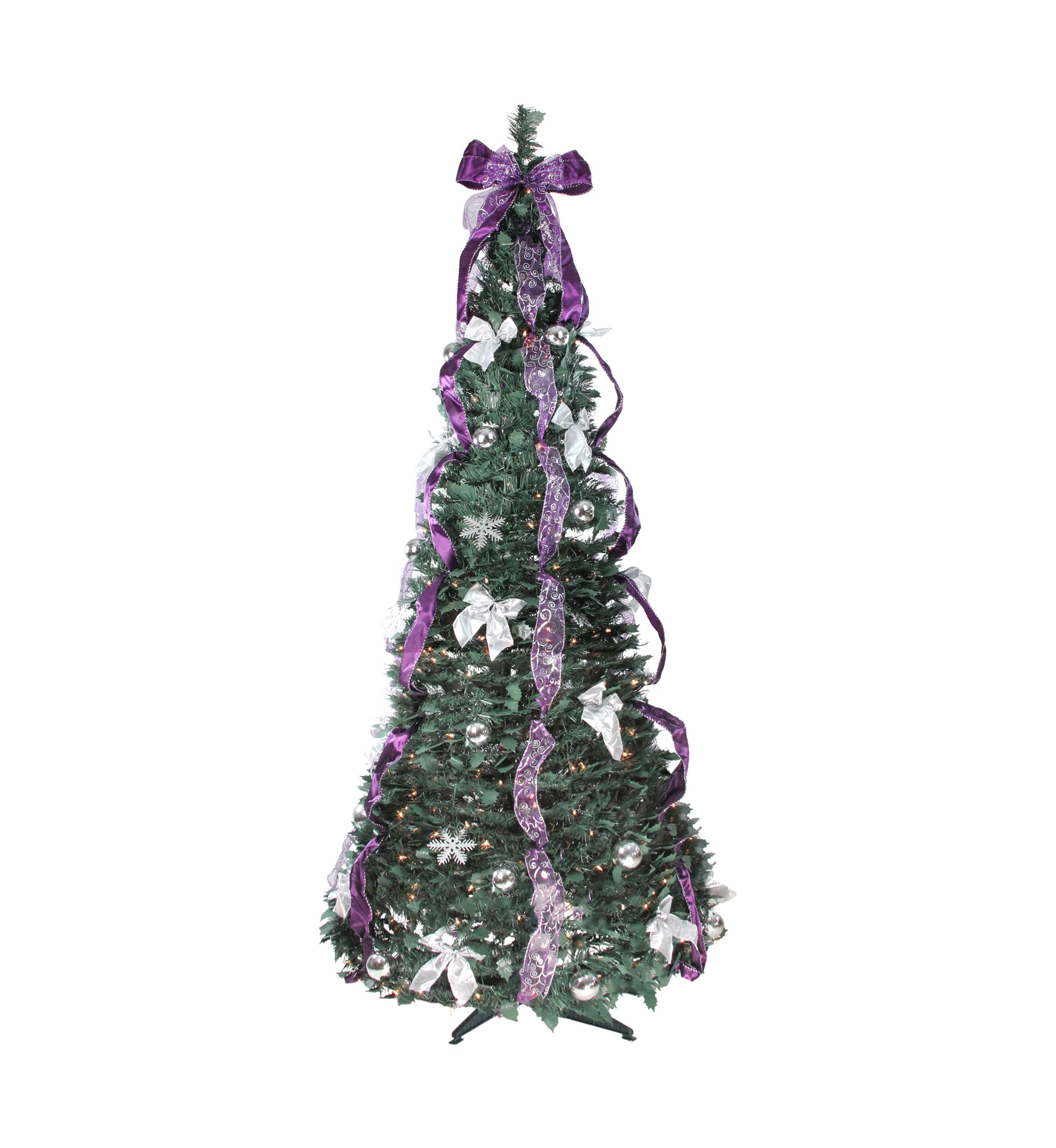 6 Pre-Lit Purple and Silver Pre-Decorated Pop-Up Artificial Christmas Tree