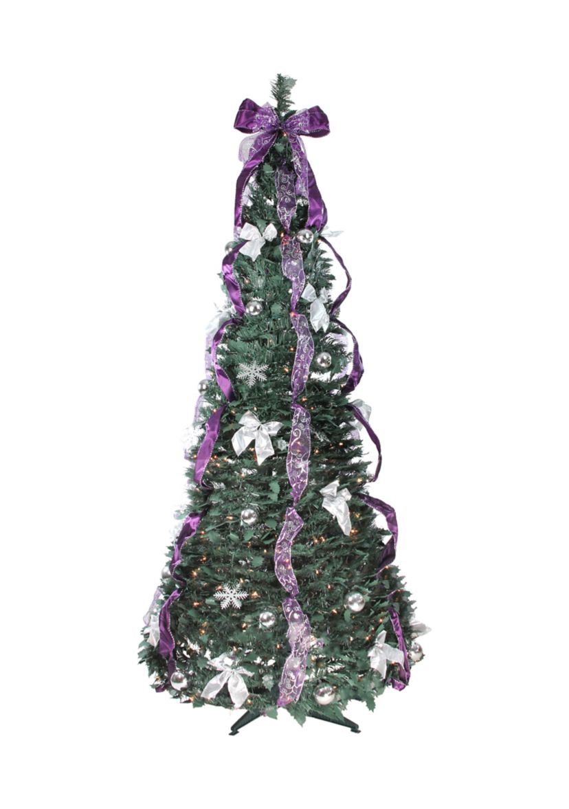 6 Pre-Lit Purple and Silver Pre-Decorated Pop-Up Artificial Christmas Tree