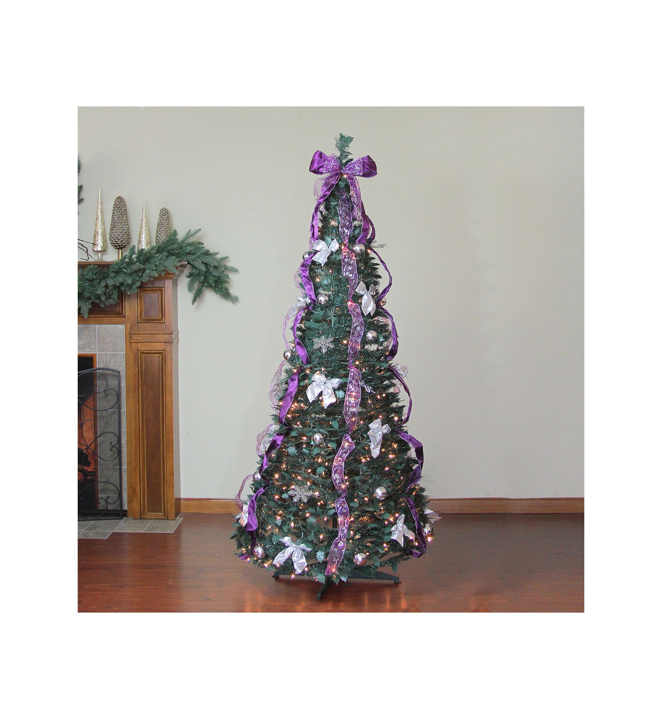 6 Pre-Lit Purple and Silver Pre-Decorated Pop-Up Artificial Christmas Tree