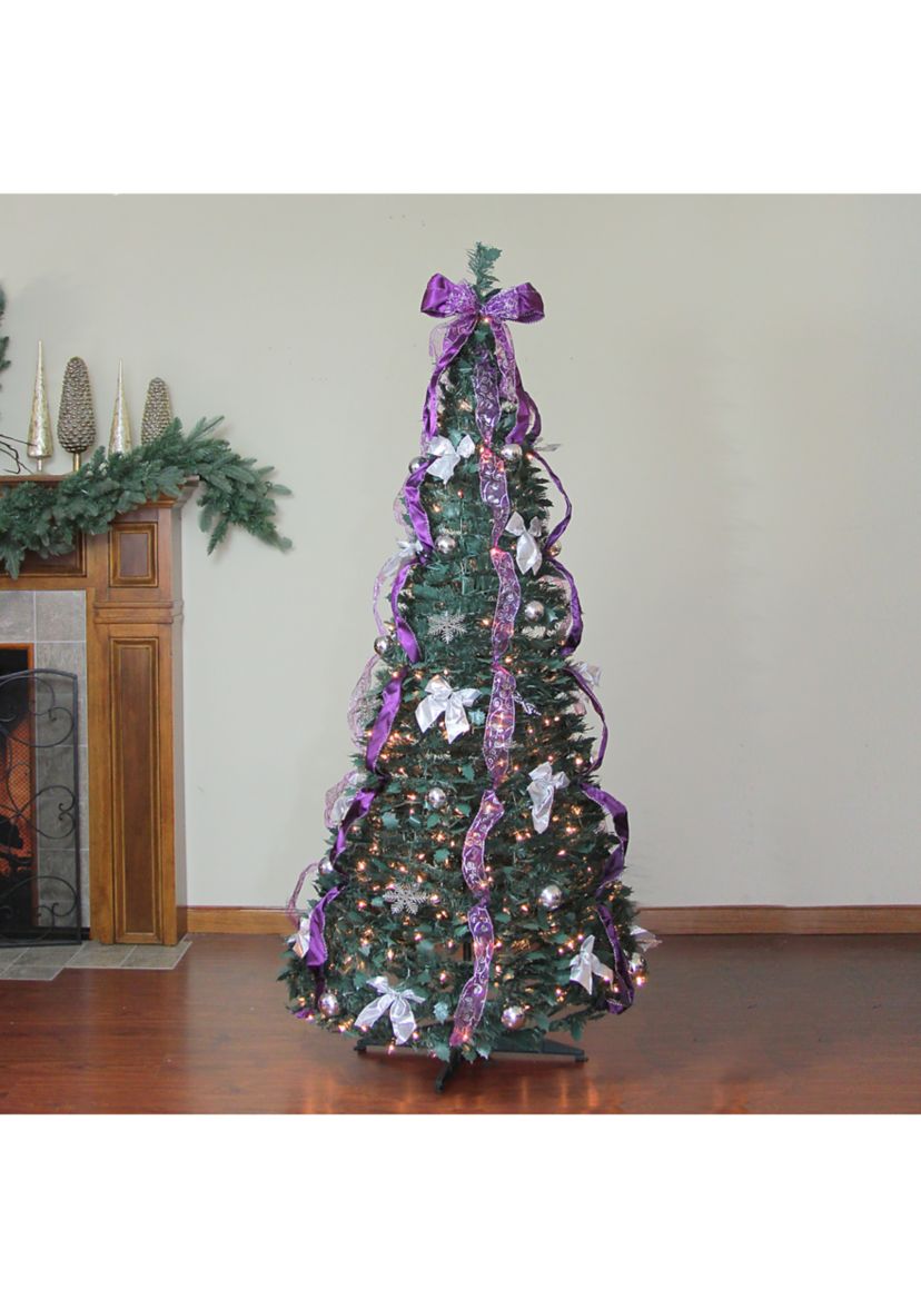 6 Pre-Lit Purple and Silver Pre-Decorated Pop-Up Artificial Christmas Tree