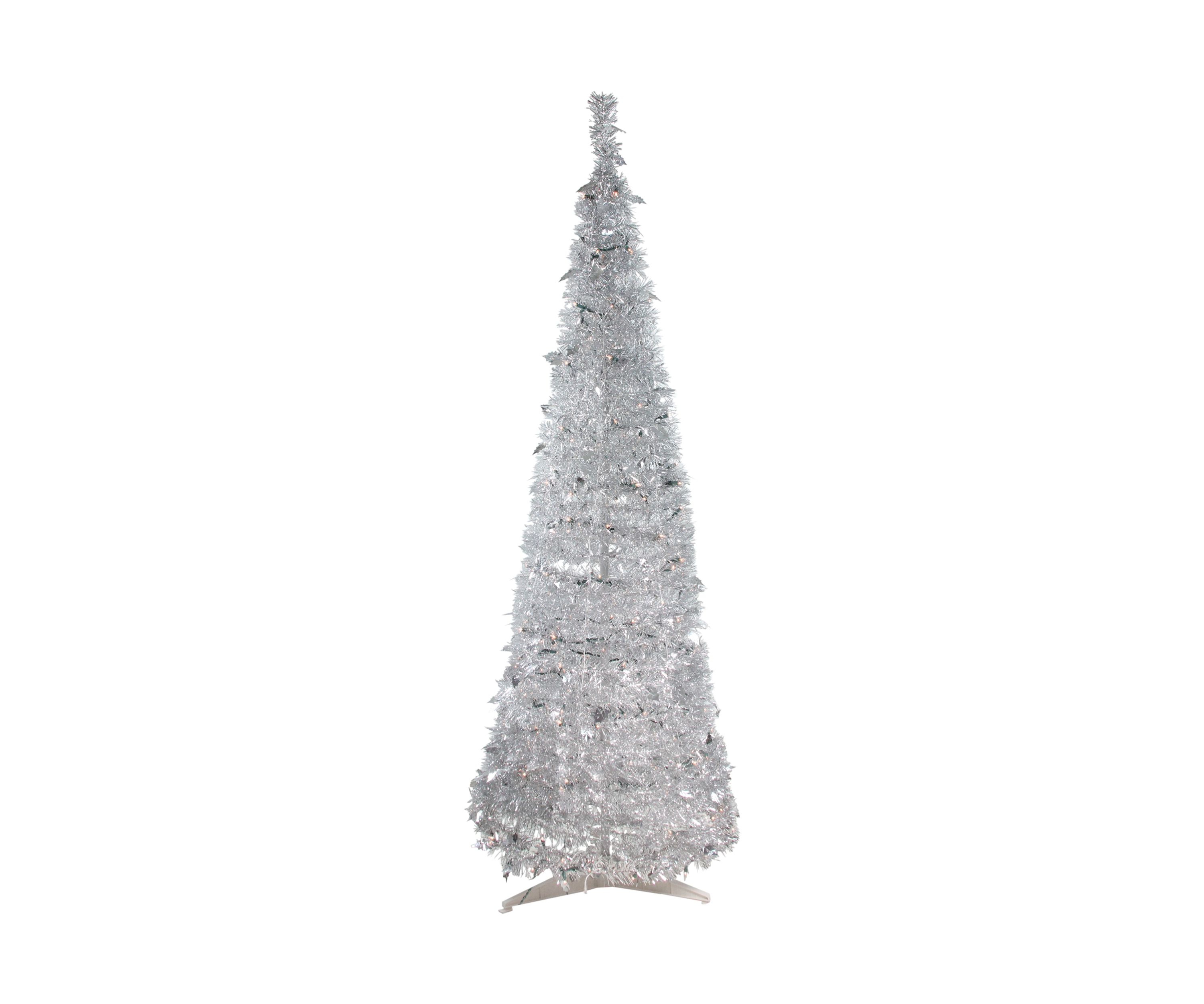 6 Pre-Lit Silver Tinsel Pop-Up Artificial Christmas Tree - Clear Lights
