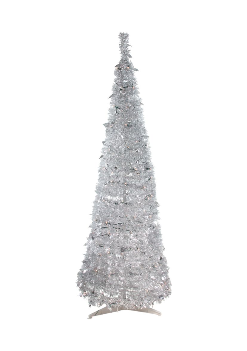 6 Pre-Lit Silver Tinsel Pop-Up Artificial Christmas Tree - Clear Lights