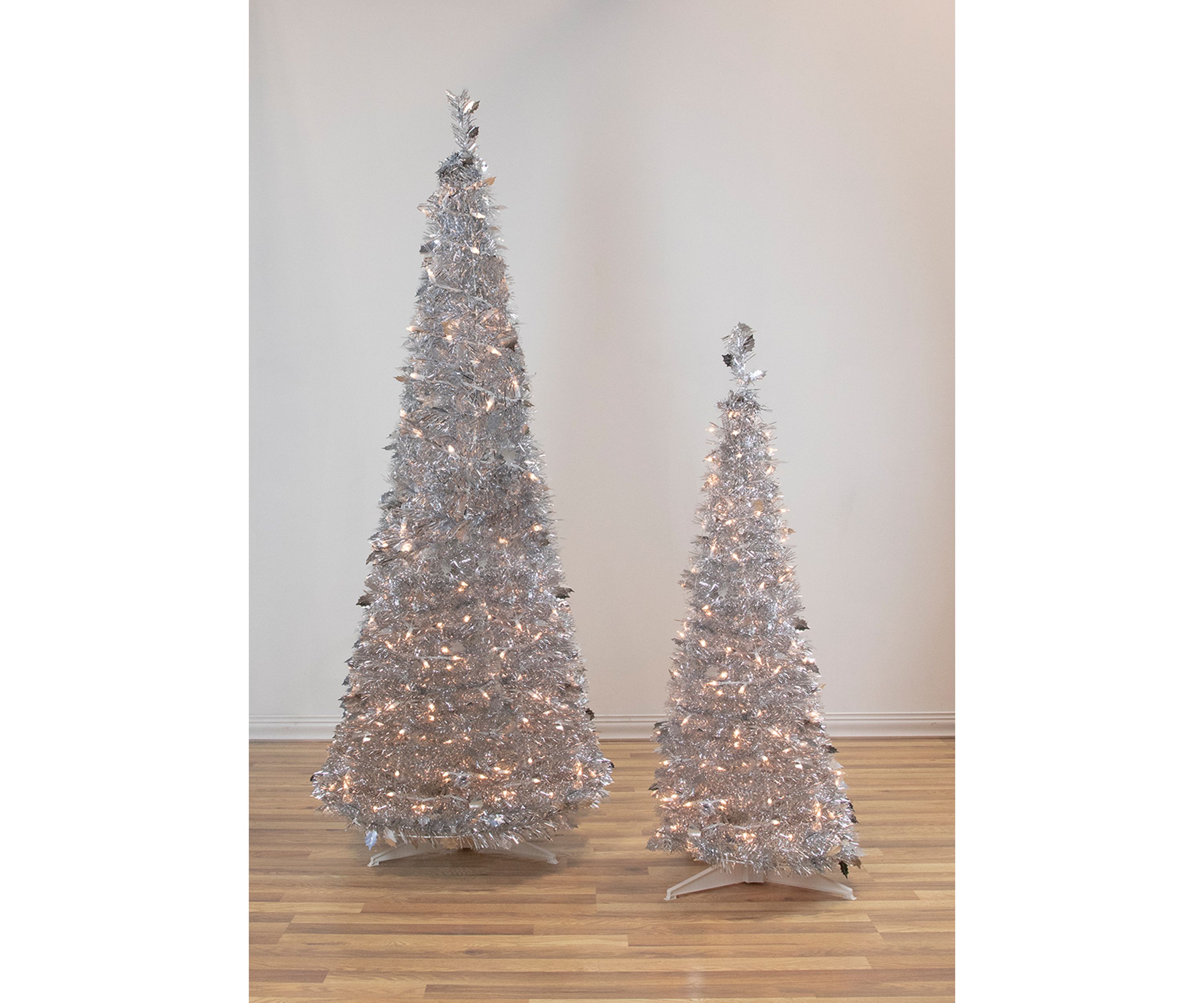 6 Pre-Lit Silver Tinsel Pop-Up Artificial Christmas Tree - Clear Lights