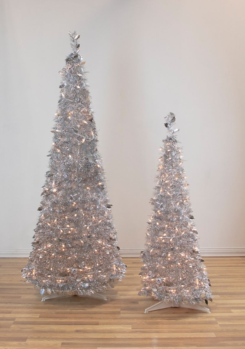 6 Pre-Lit Silver Tinsel Pop-Up Artificial Christmas Tree - Clear Lights