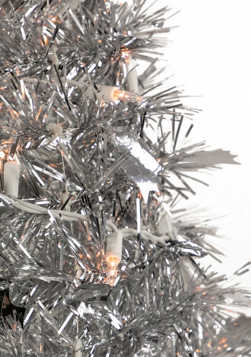 6 Pre-Lit Silver Tinsel Pop-Up Artificial Christmas Tree - Clear Lights
