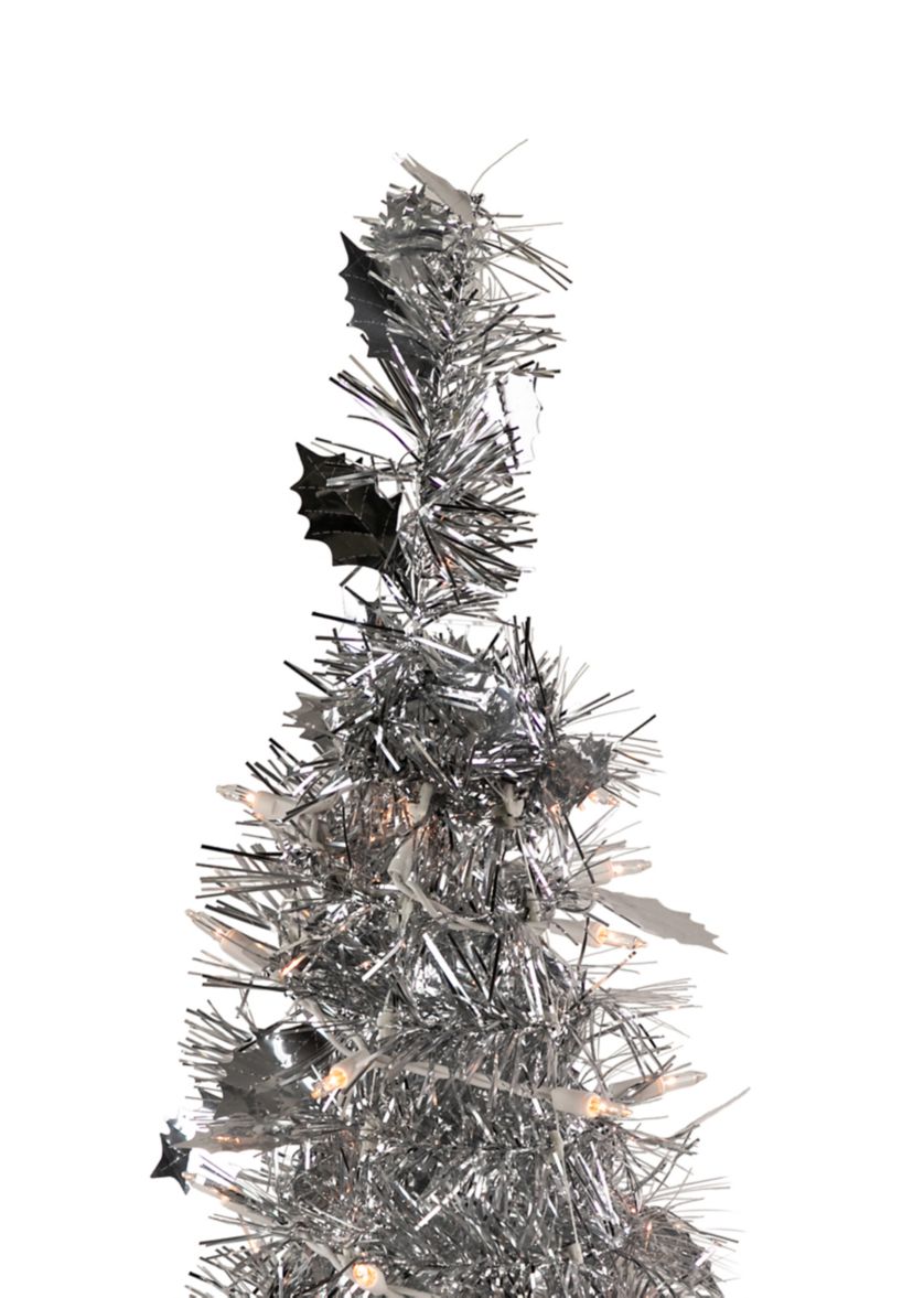 6 Pre-Lit Silver Tinsel Pop-Up Artificial Christmas Tree - Clear Lights