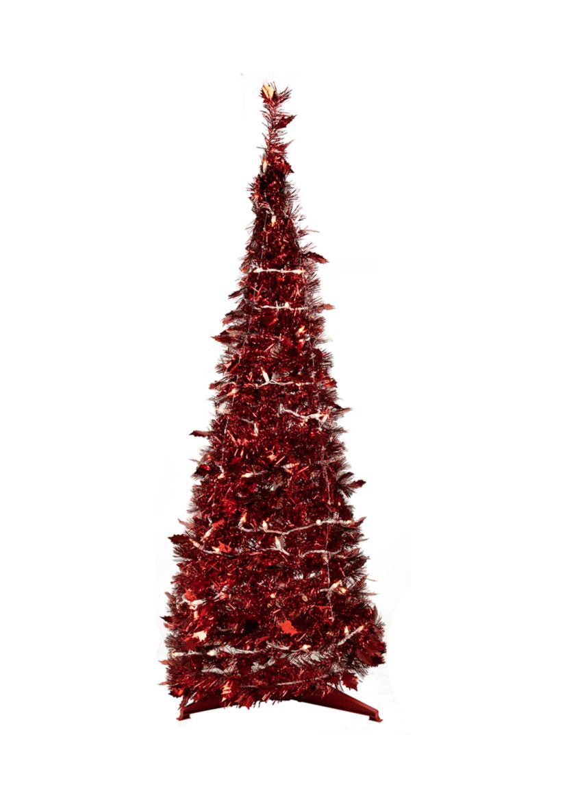 6 Pre-Lit Red Tinsel Pop-Up Artificial Christmas Tree - Clear Lights