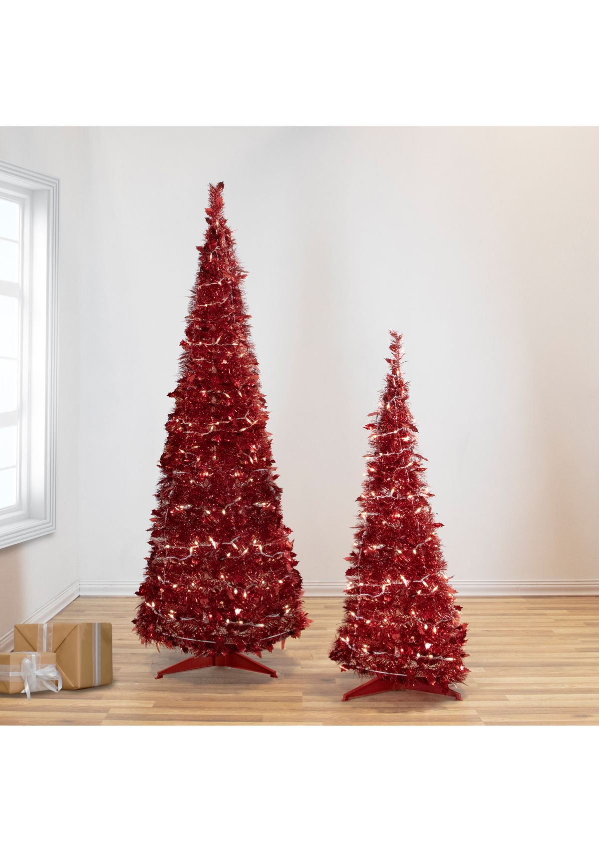 6 Pre-Lit Red Tinsel Pop-Up Artificial Christmas Tree - Clear Lights