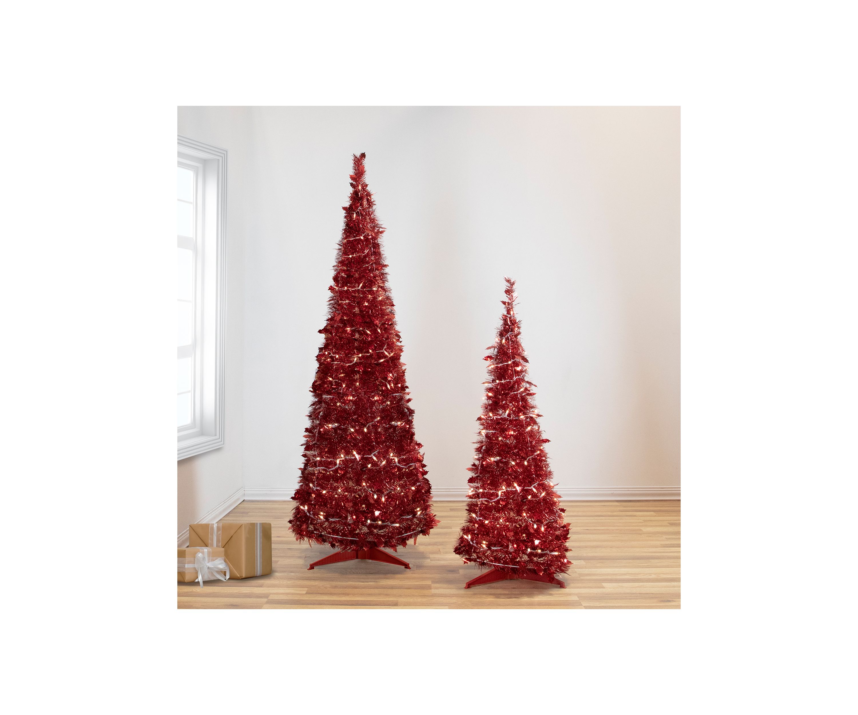 6 Pre-Lit Red Tinsel Pop-Up Artificial Christmas Tree - Clear Lights