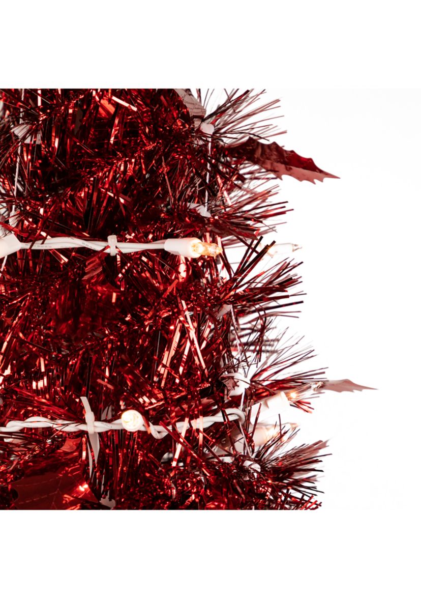 6 Pre-Lit Red Tinsel Pop-Up Artificial Christmas Tree - Clear Lights
