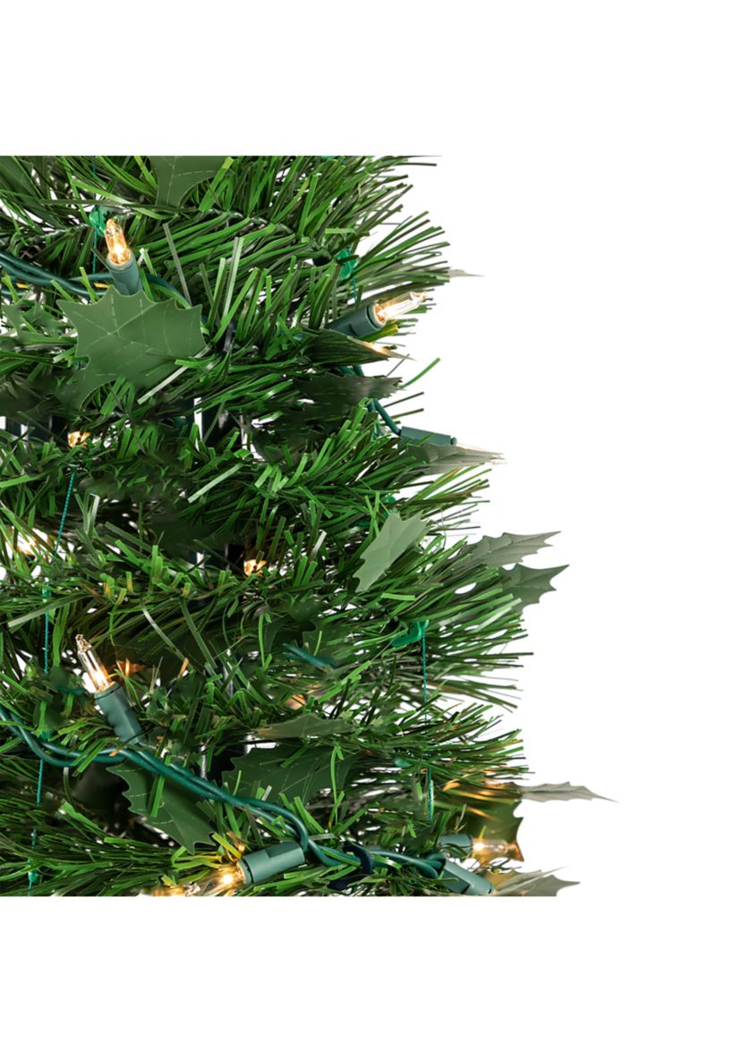 6 Pre-Lit Green Holly Leaf Pop-Up Artificial Christmas Tree - Clear Lights