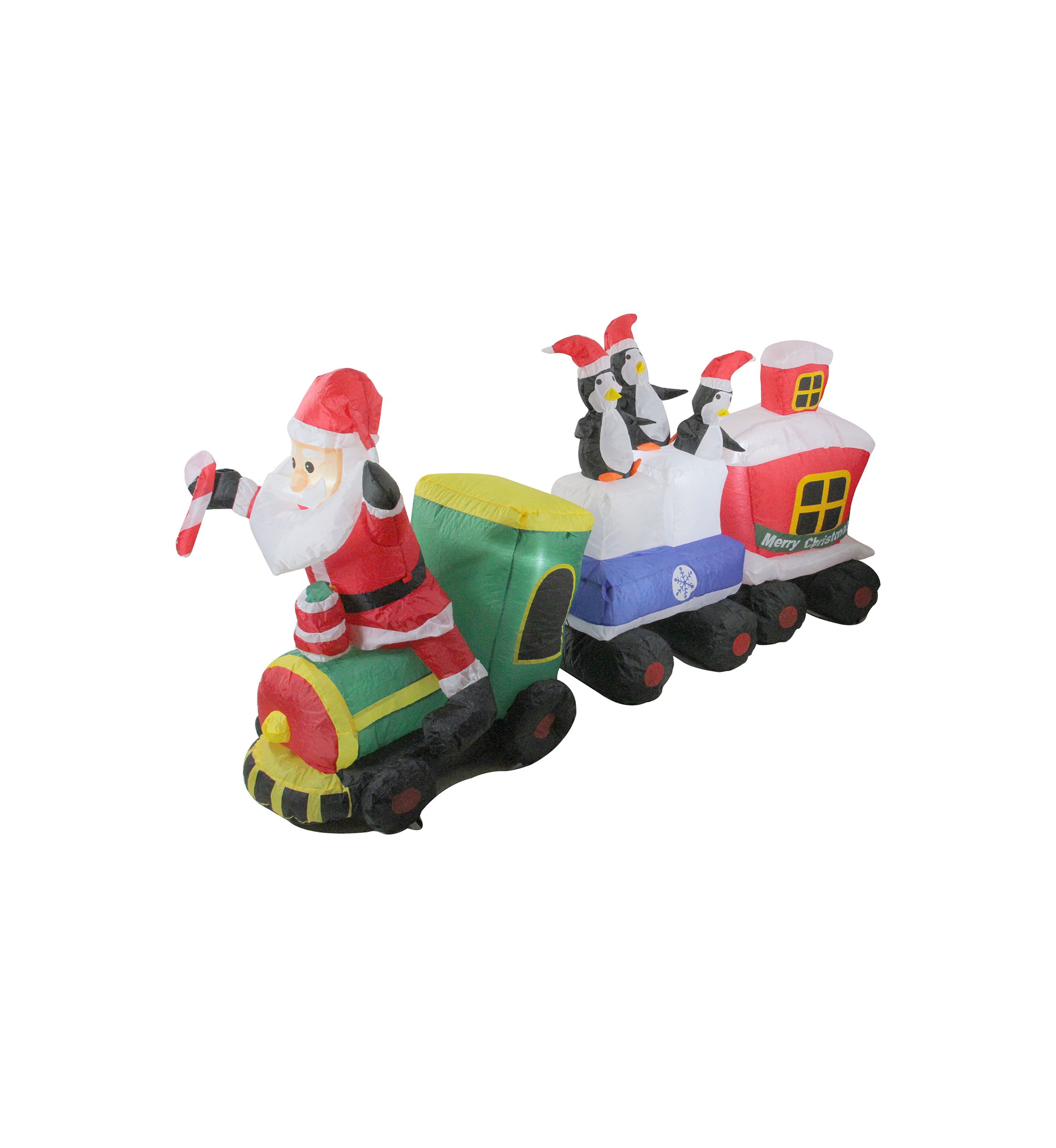 6.5 Red and Green Inflatable Santa and Penguins on Train Lighted Outdoor Christmas Decoration