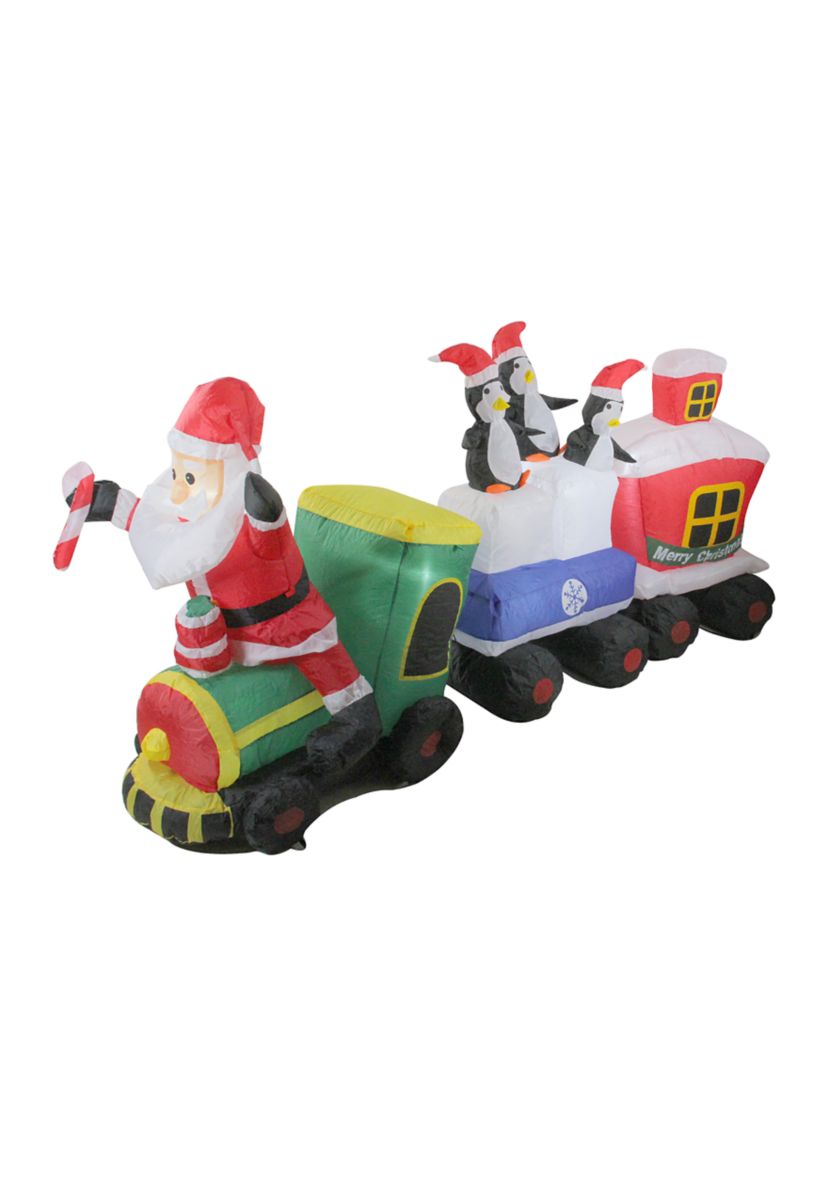 6.5 Red and Green Inflatable Santa and Penguins on Train Lighted Outdoor Christmas Decoration