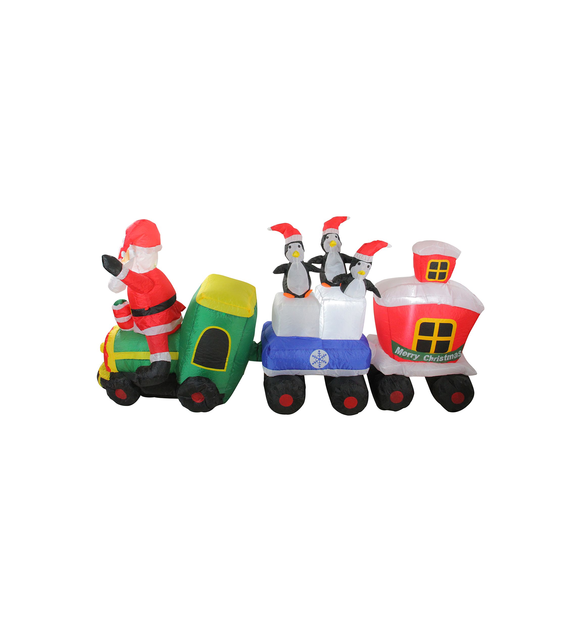 6.5 Red and Green Inflatable Santa and Penguins on Train Lighted Outdoor Christmas Decoration